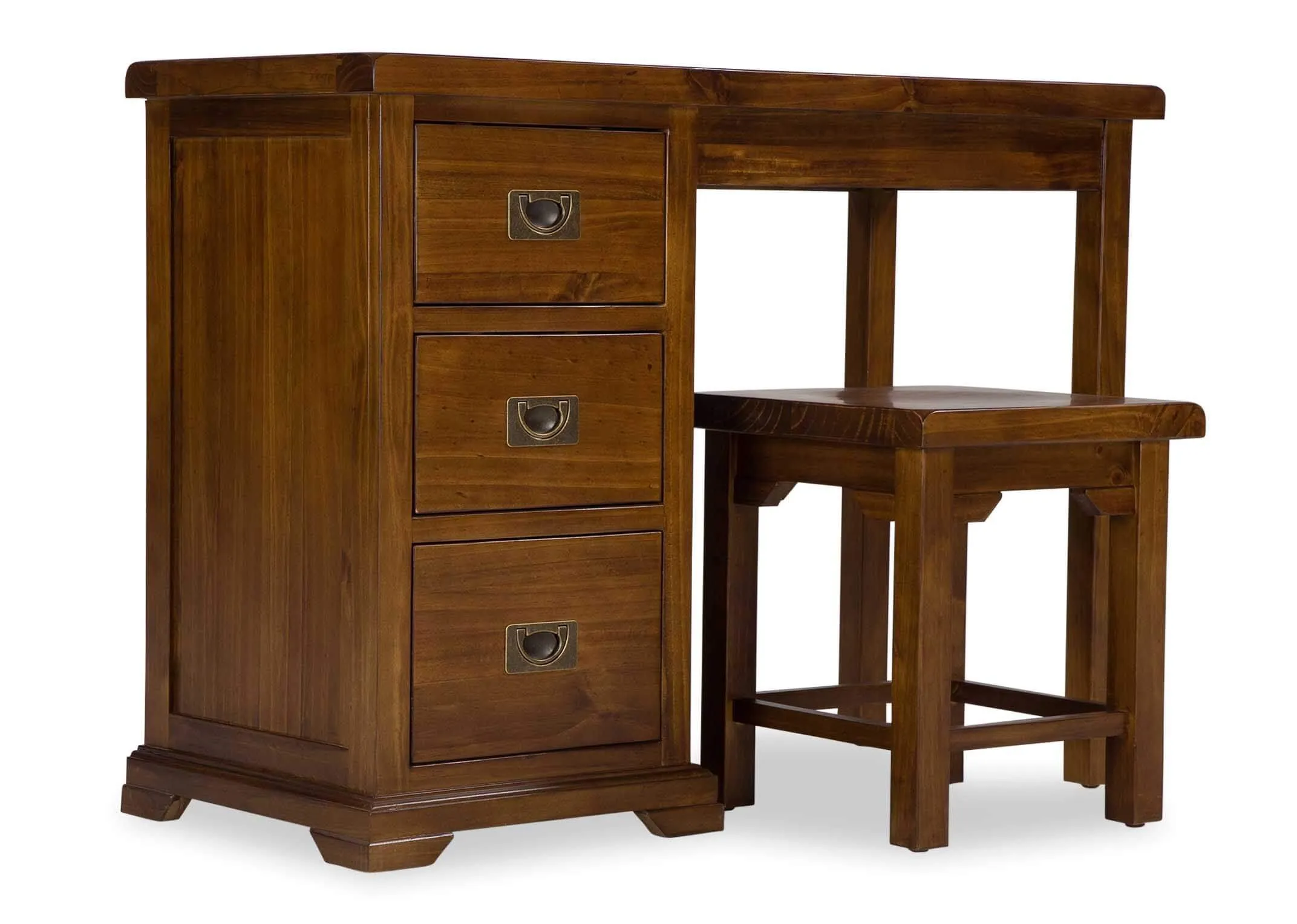 View of front and side of three-drawer dark solid wood dressing table and stool Aisling