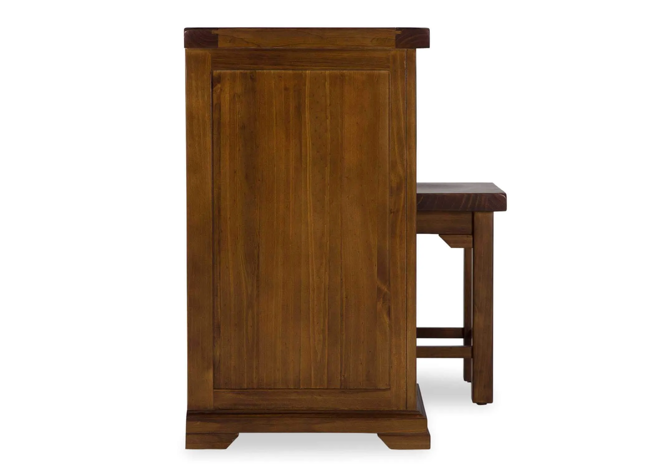 Side view of three-drawer dark solid wood dressing table and stool Aisling