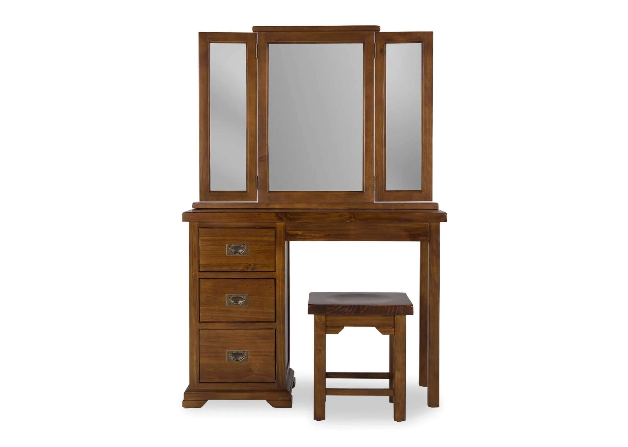 View of three-drawer dark solid wood dressing table and stool Aisling with mirror on the top