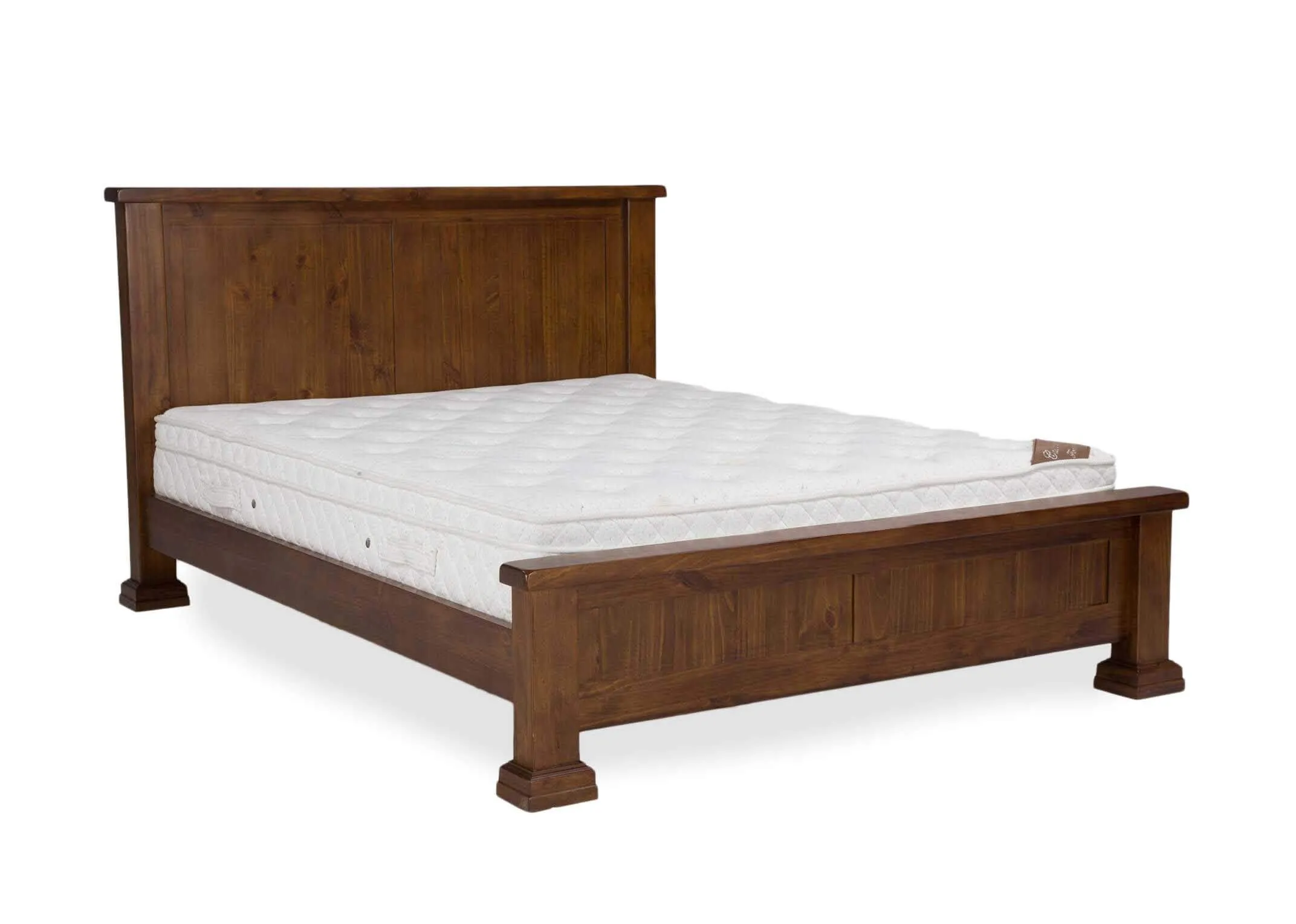 Angled shot of double 4 feet 6 inch solid dark gloss wood bed frame Aisling with mattress