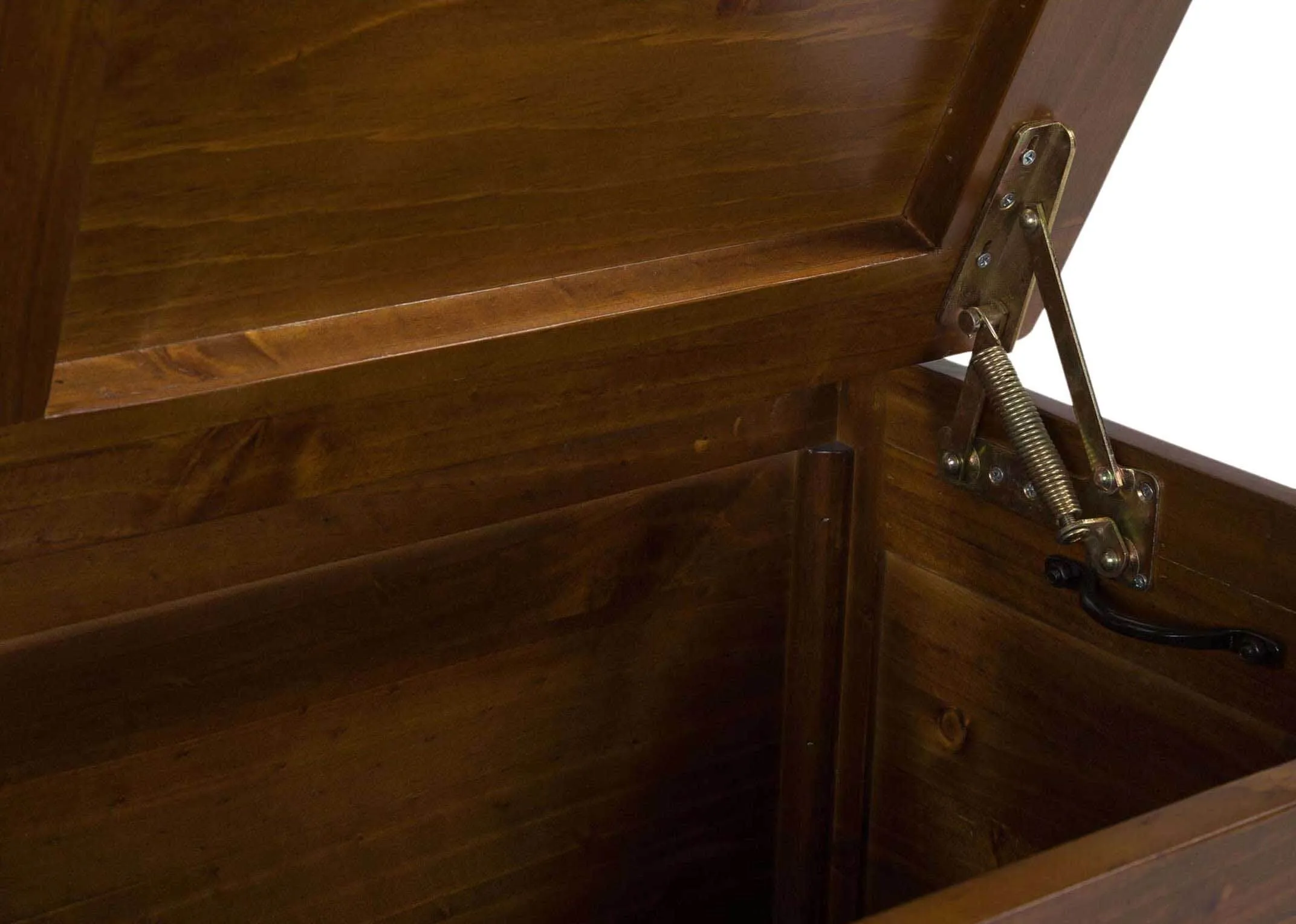 Detailed view of opening mechanism of solid dark gloss wood large blanket box Aisling