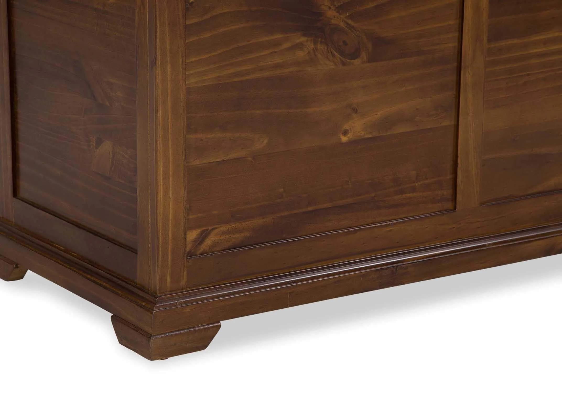 Detailed view of legs of solid dark gloss wood large blanket box Aisling