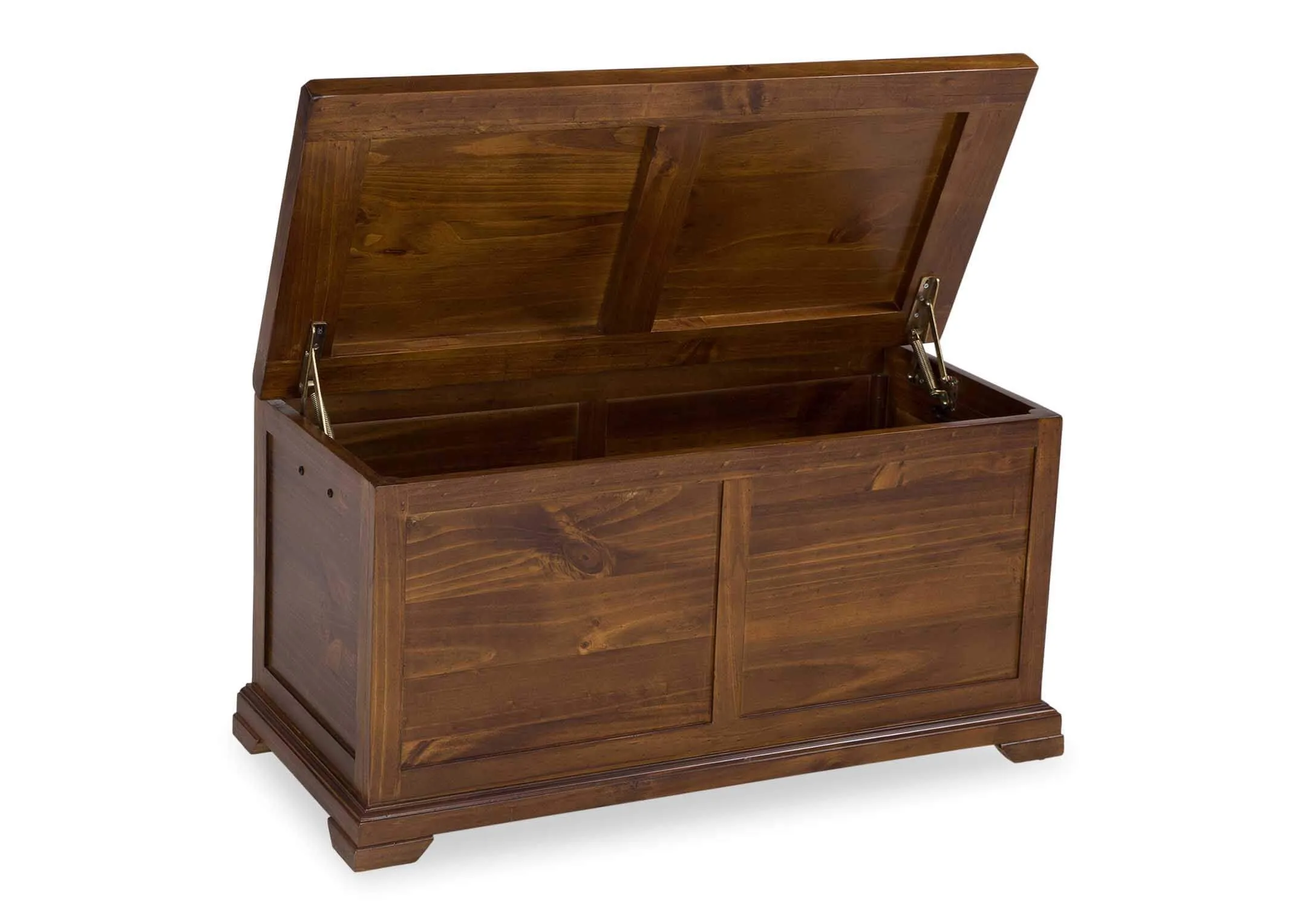 View of solid dark gloss wood large blanket box Aisling when open