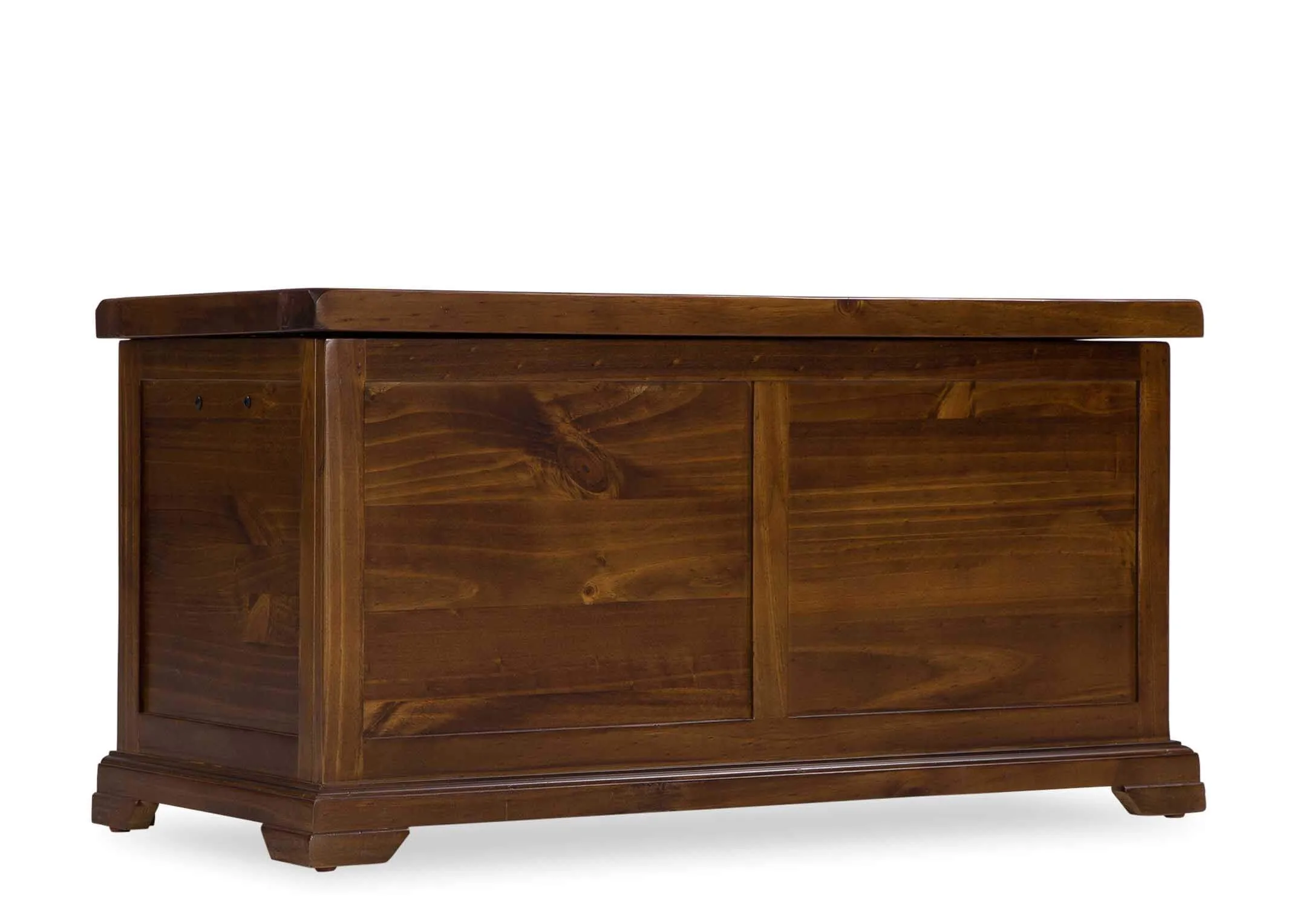 View of front and side of solid dark gloss wood large blanket box Aisling