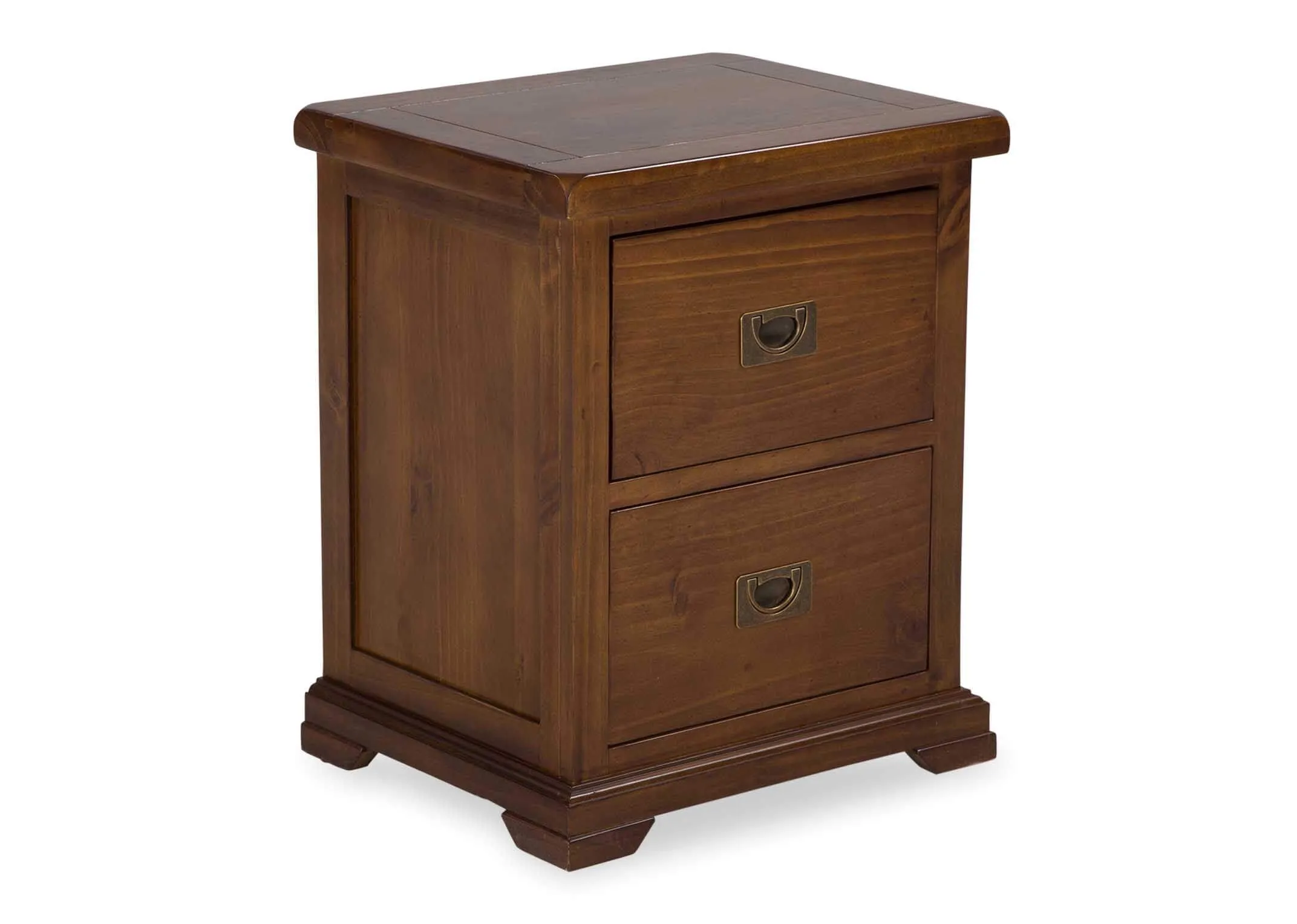 Angled shot of solid dark gloss wood two-drawer bedside locker Aisling
