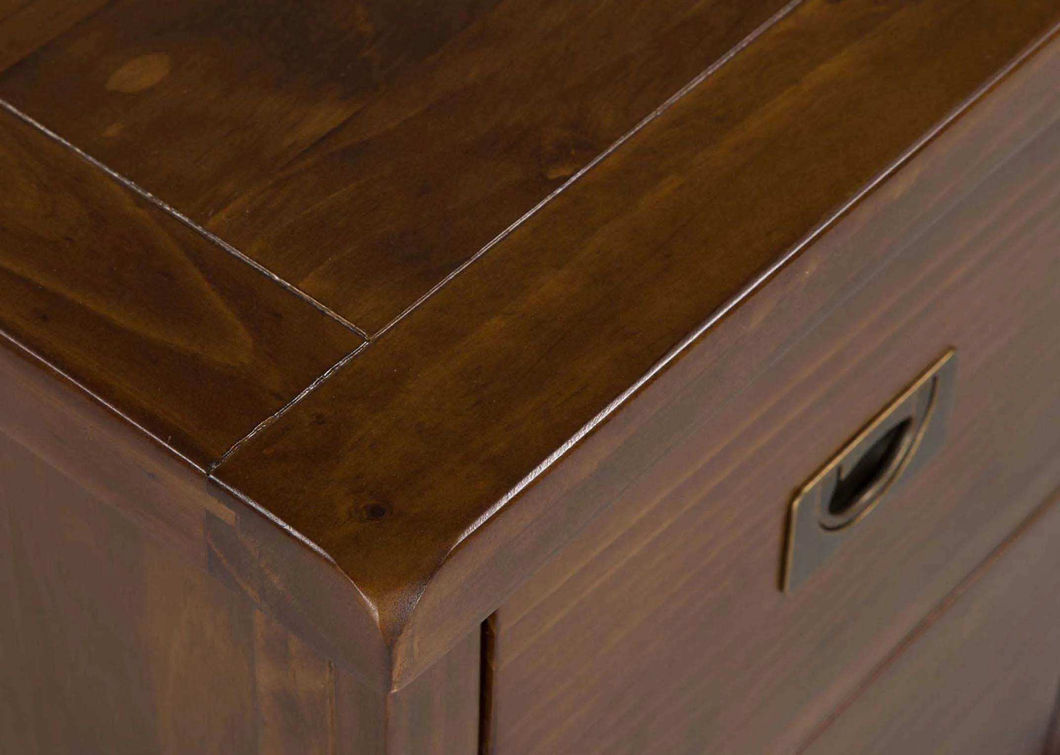 Detailed view of top of solid dark gloss wood two-drawer bedside locker Aisling