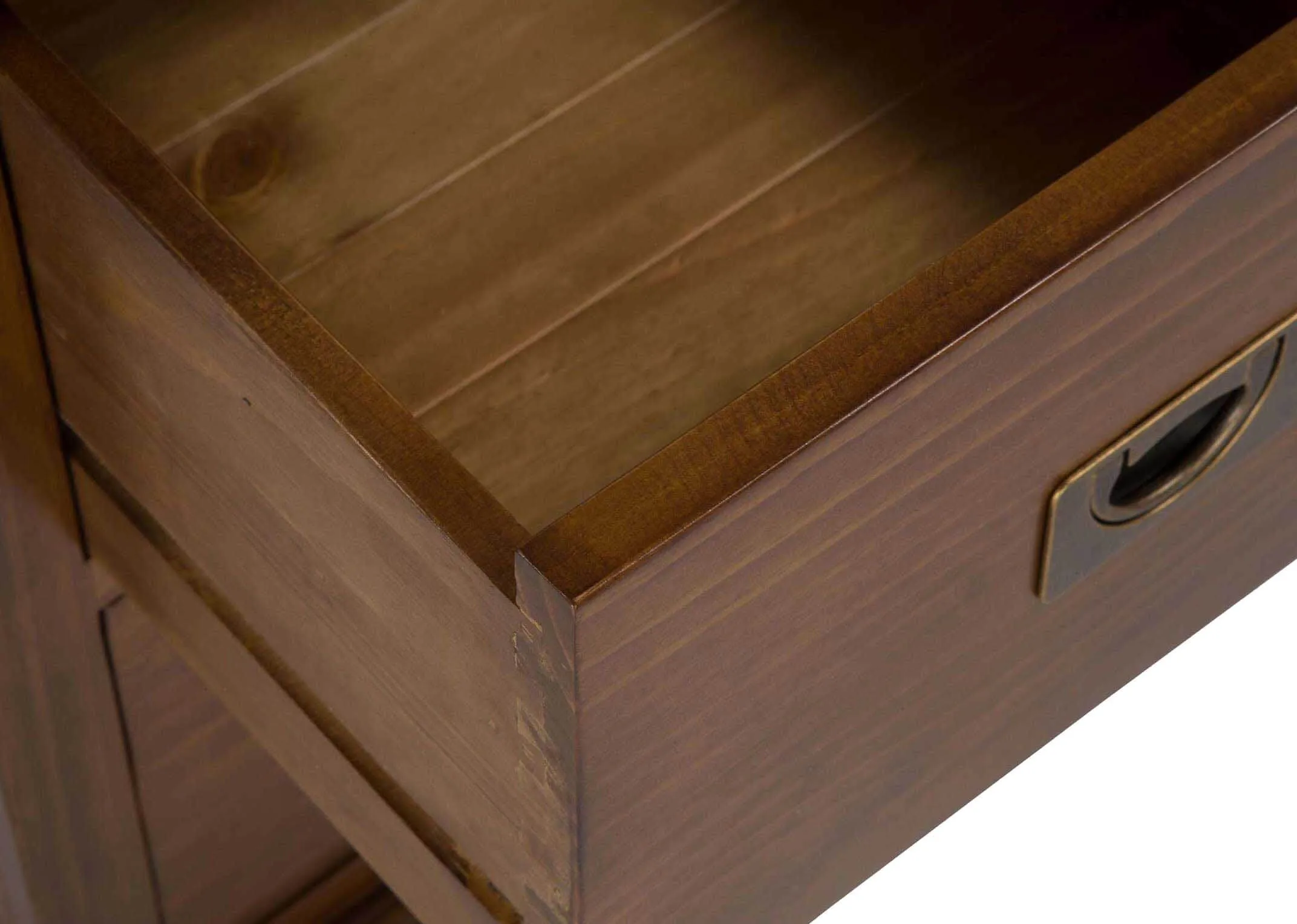 Detailed view of drawer and its interior of solid dark gloss wood two-drawer bedside locker Aisling