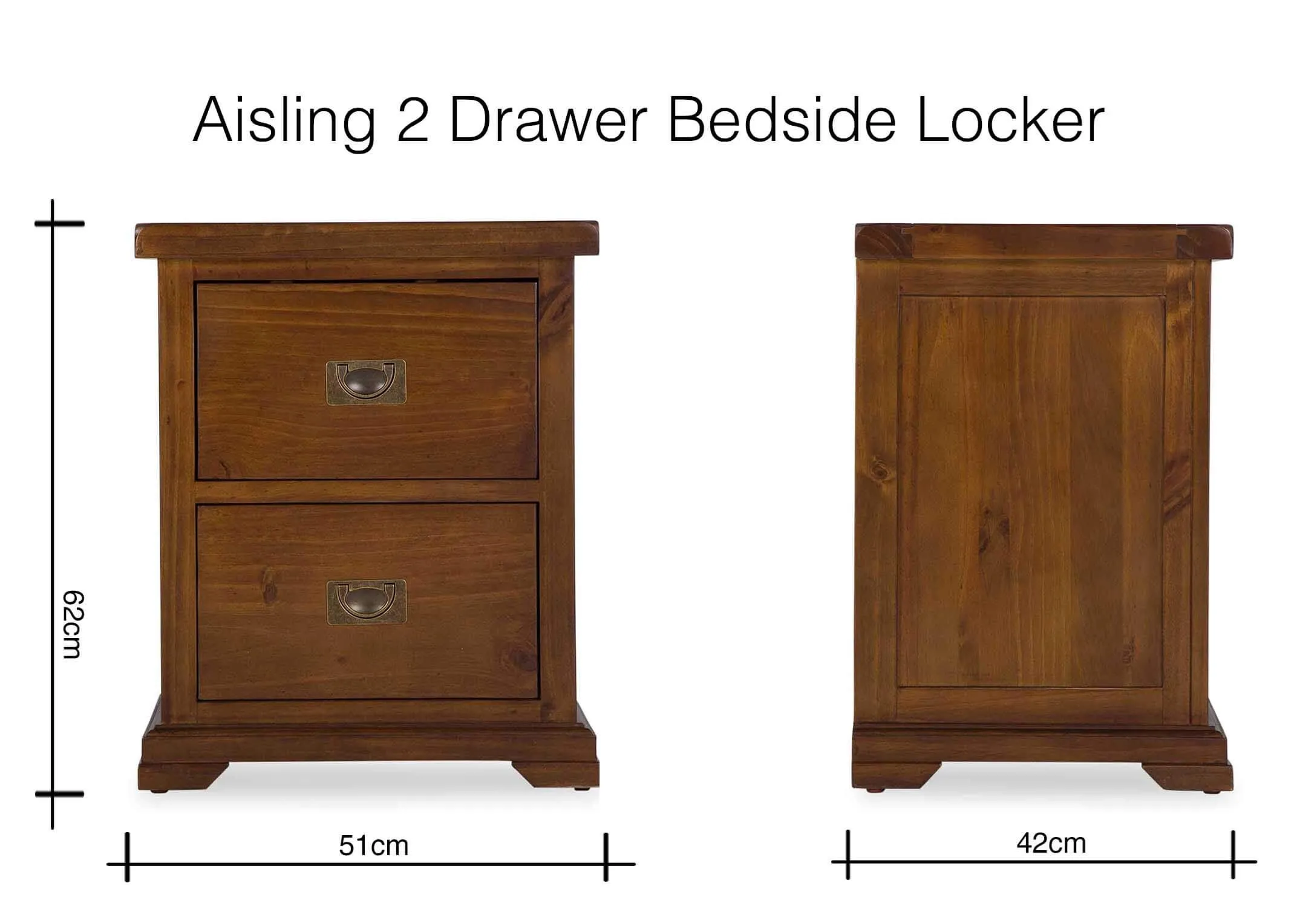 Dimension image of the Aisling 2 drawer bedside locker 62cm (Height) x 51cm (Width) x 42cm (Depth)