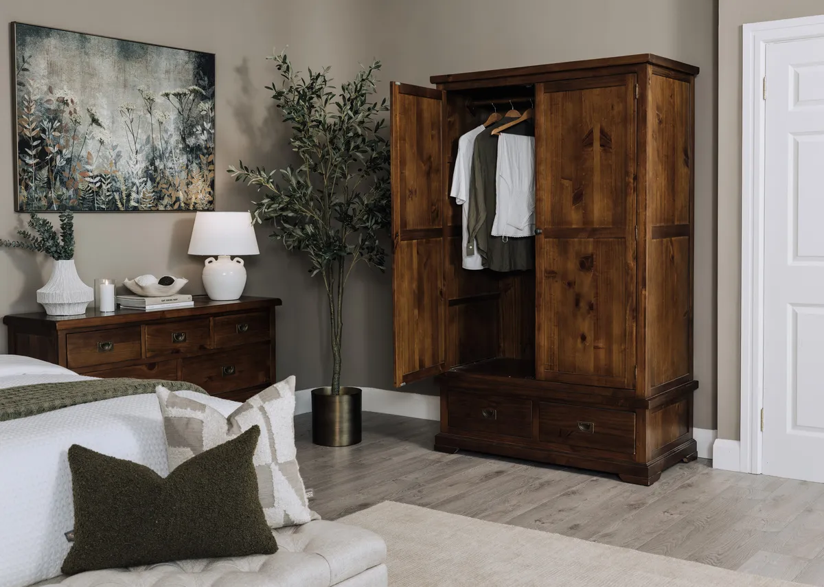 A lifestyle image of the Aisling wardrobe with doors open