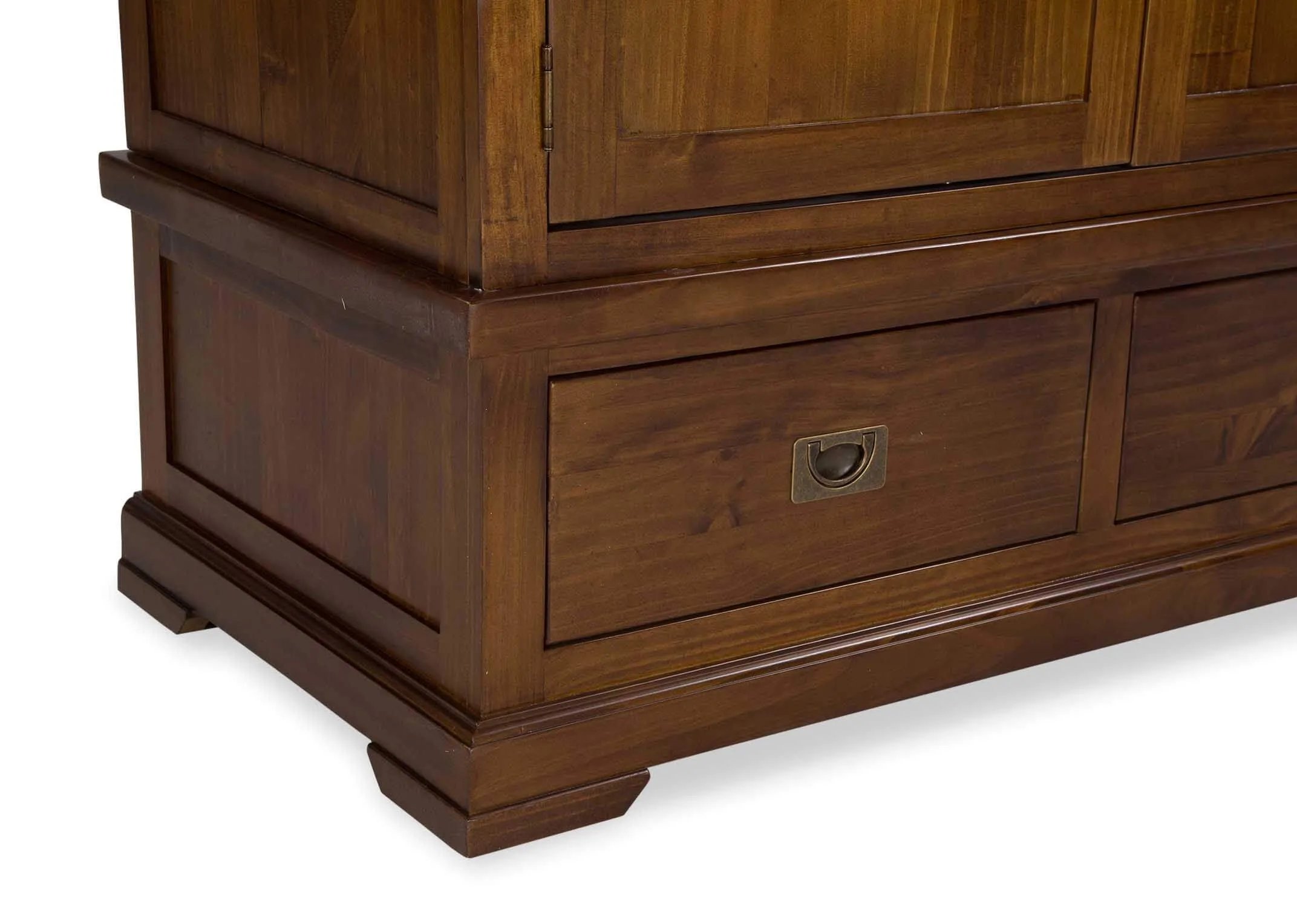 Detailed view of interior of solid dark gloss wood two-door two-drawer wardrobe Aisling