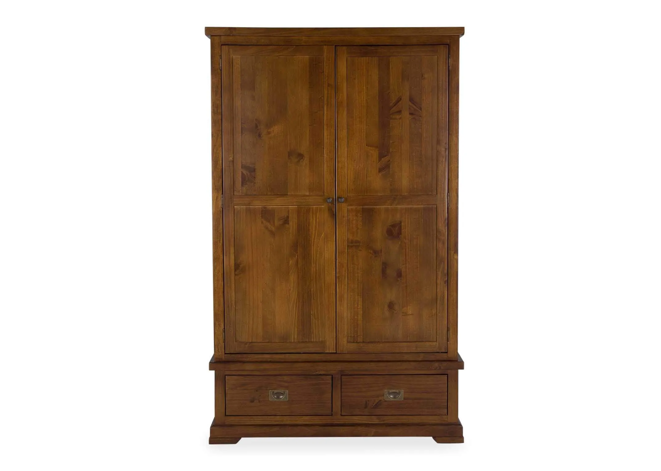 Front view of solid dark gloss wood two-door two-drawer wardrobe Aisling
