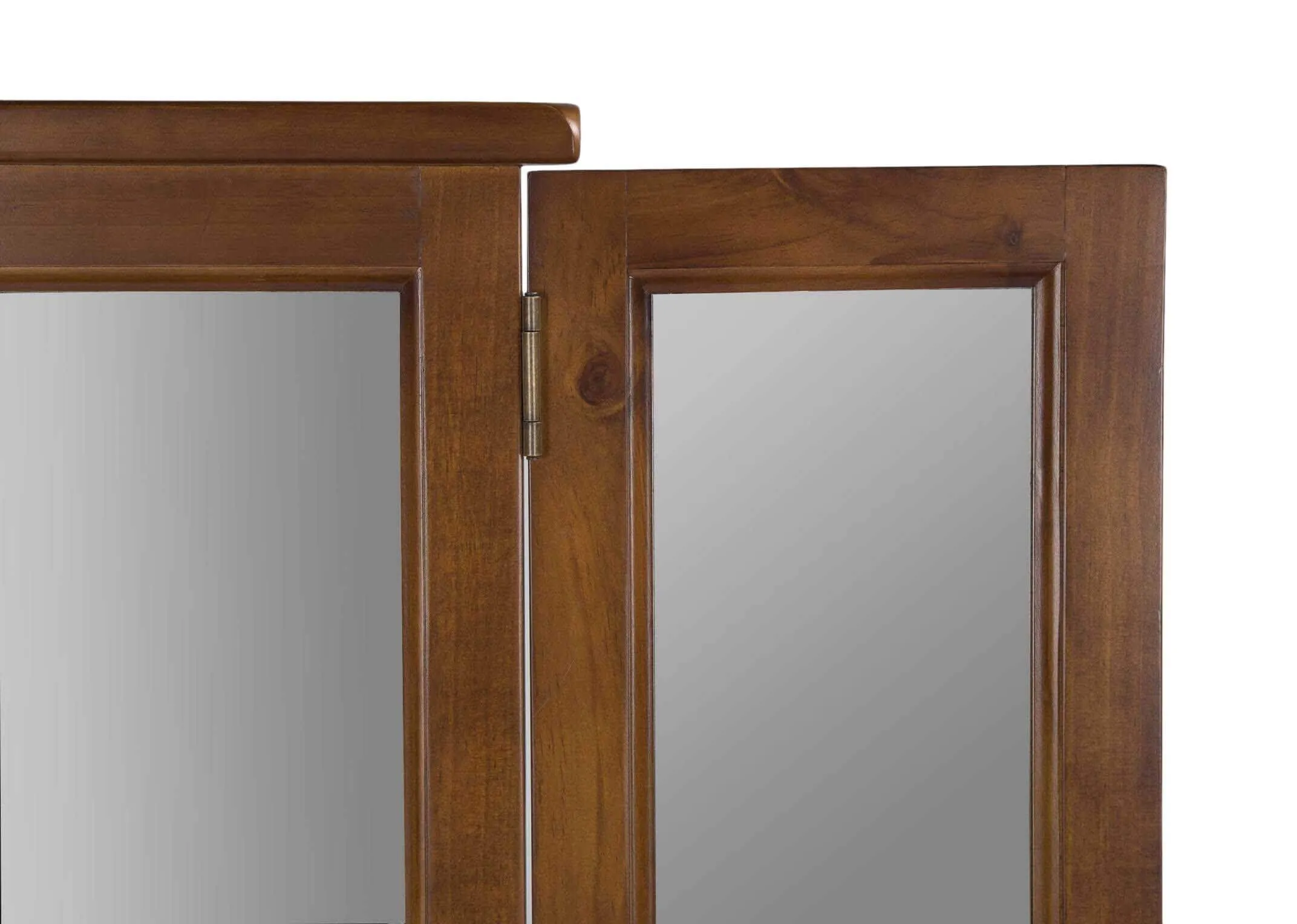 Detailed view of front of triple mirror in solid dark gloss wood frame Aisling