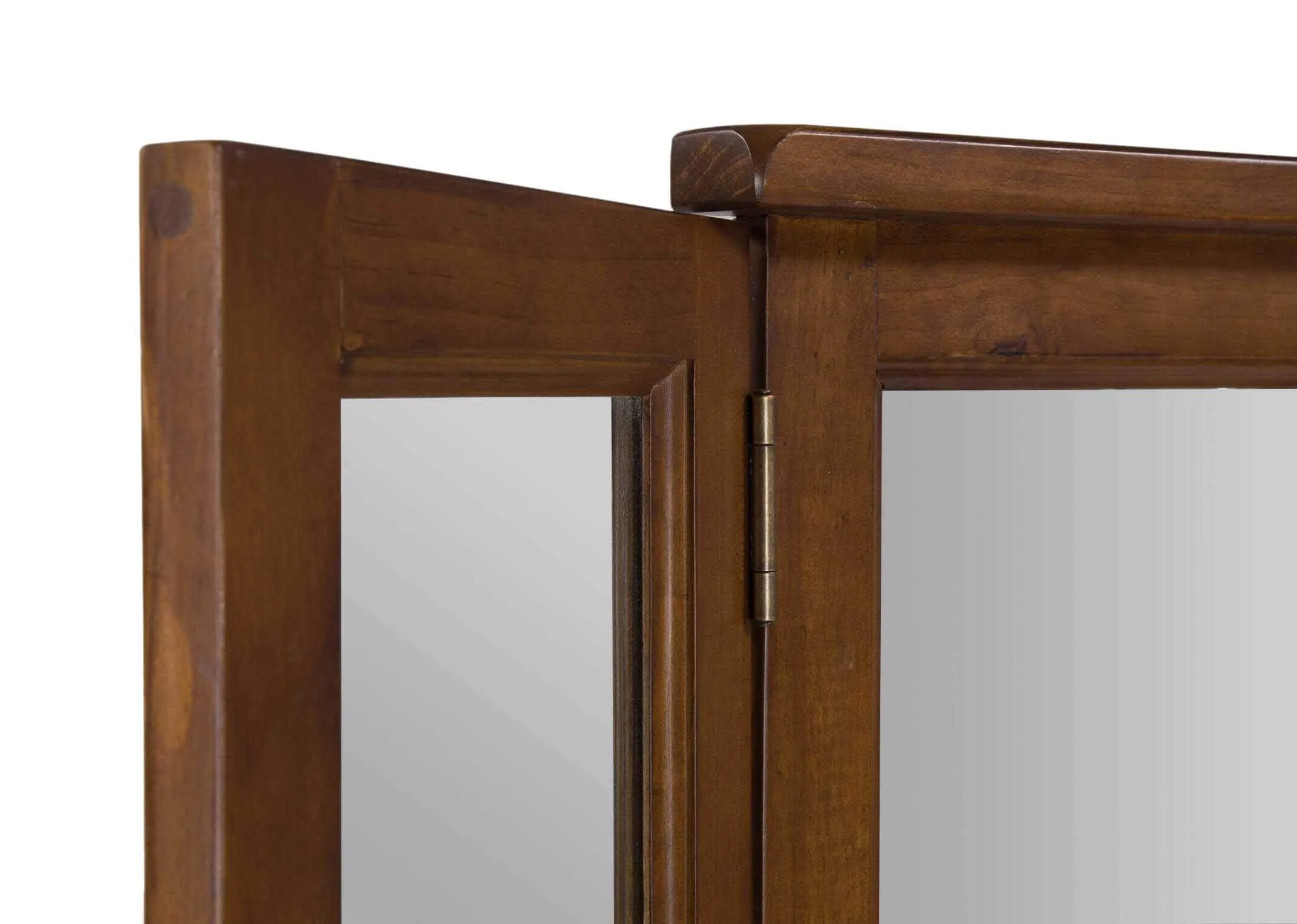 Detailed view of top and connection of triple mirror in solid dark gloss wood frame Aisling