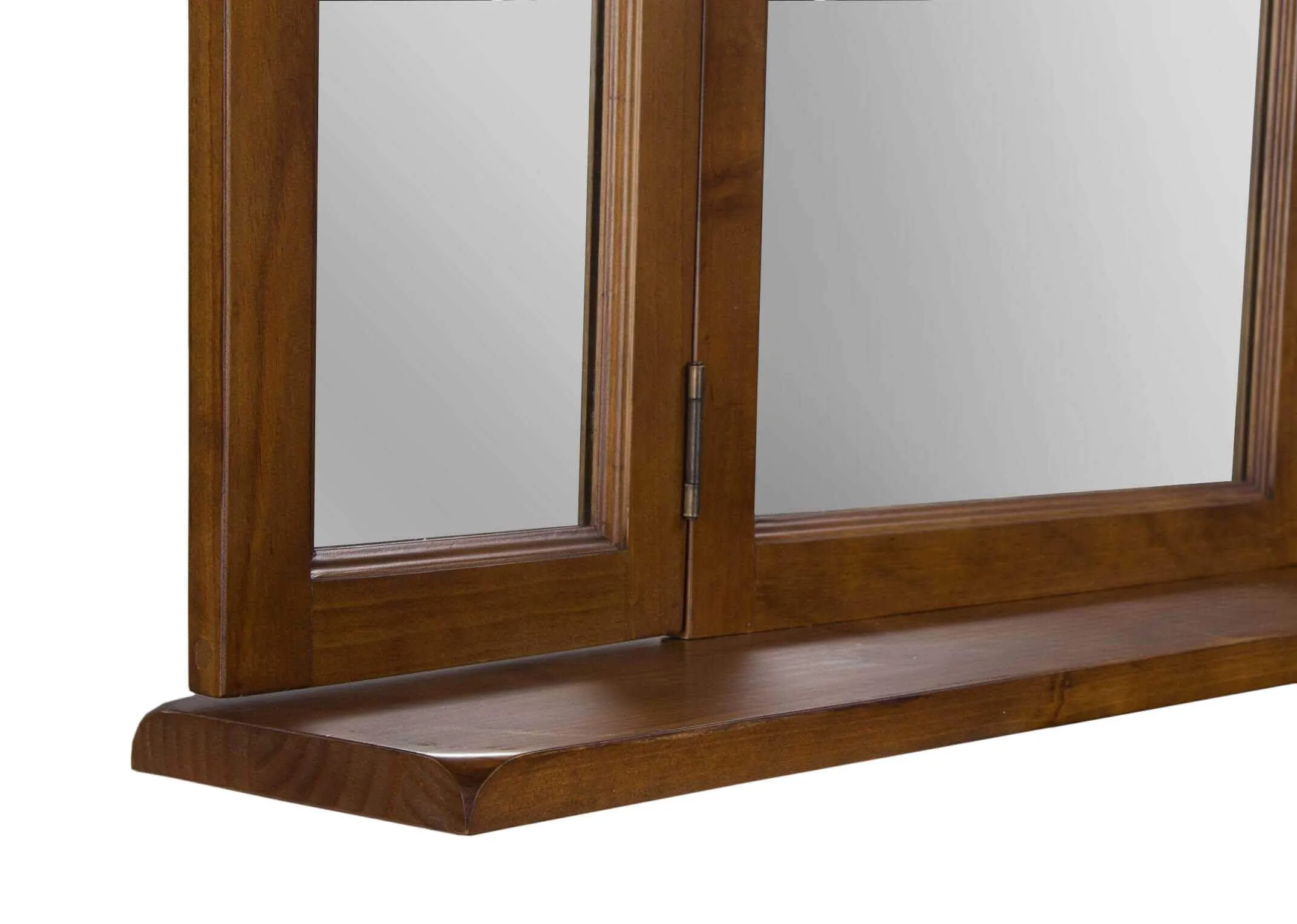Detailed view of bottom of triple mirror in solid dark gloss wood frame Aisling