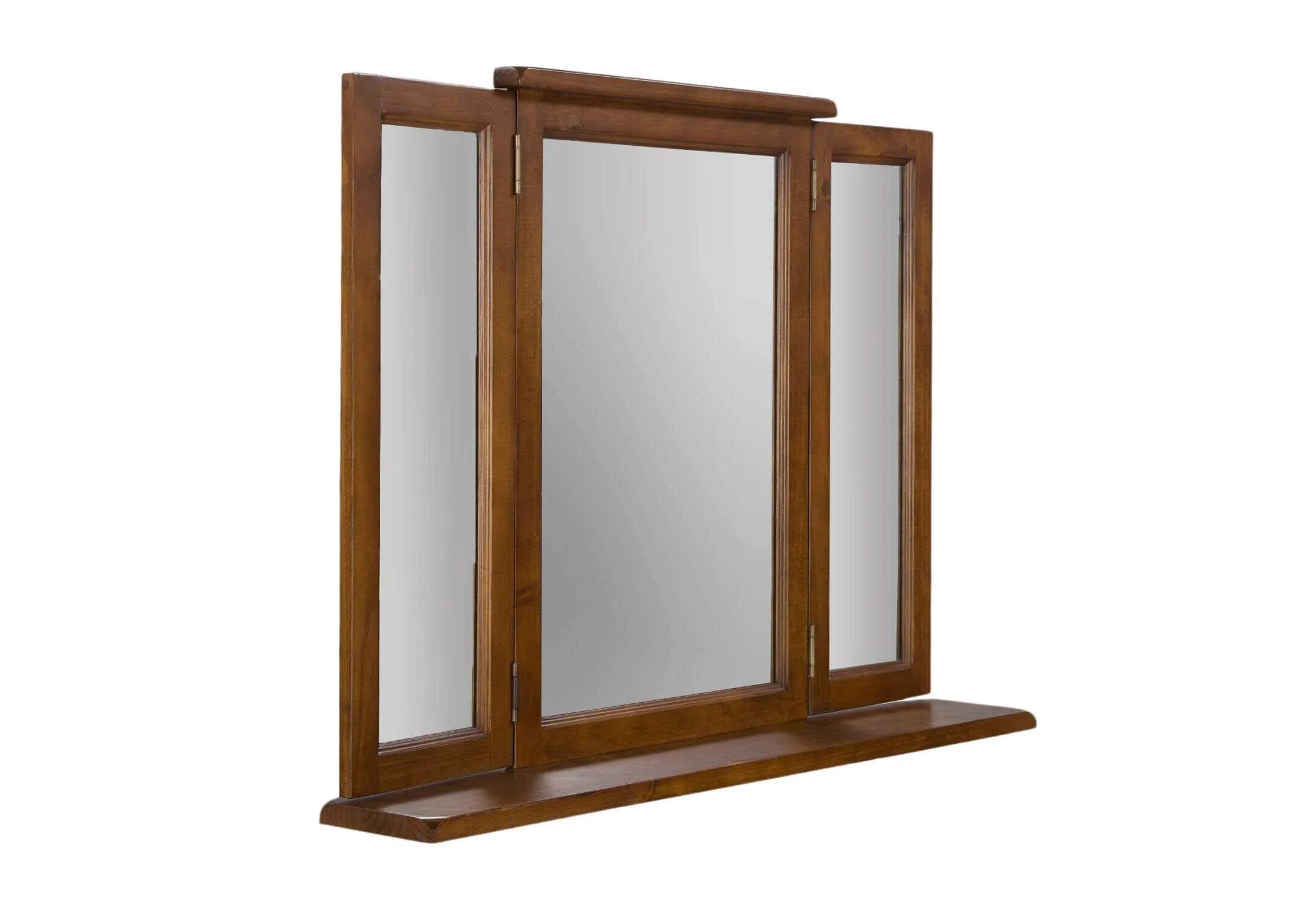 View of front and side of triple mirror in solid dark gloss wood frame Aisling