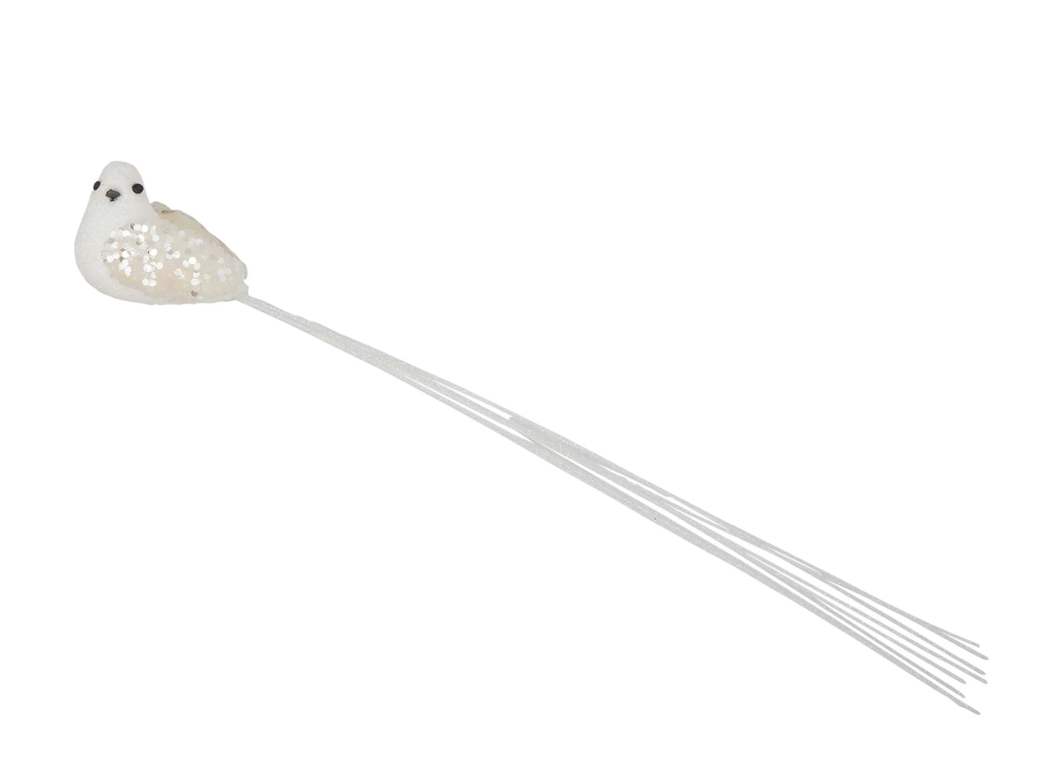 A full view of the white bird with glitter wings christmas decoration.
