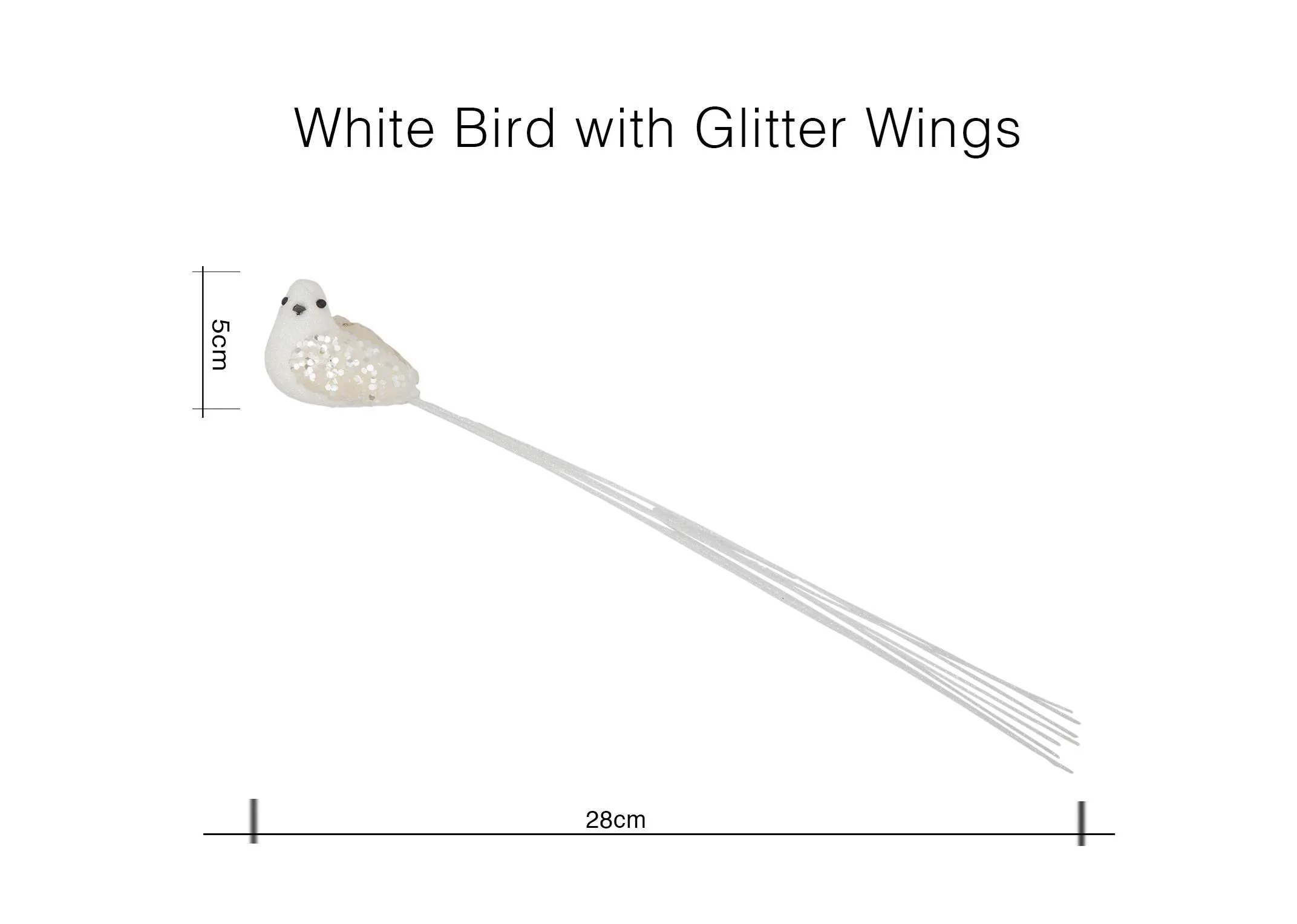 A dimension image for the white bird with glitter wings christmas decoration 5cm (Height) x 28cm (Width)