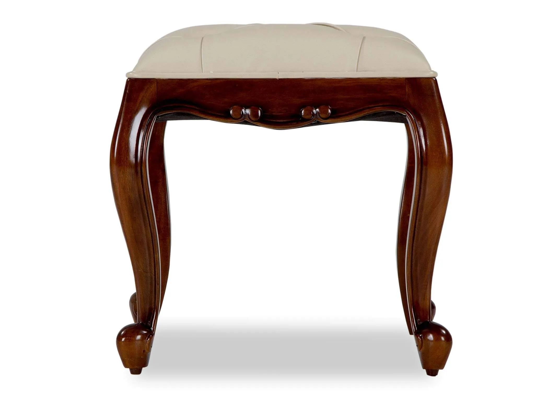 Full front view of the cream fabric stool from the Lyon five drawer mahogany dresser set