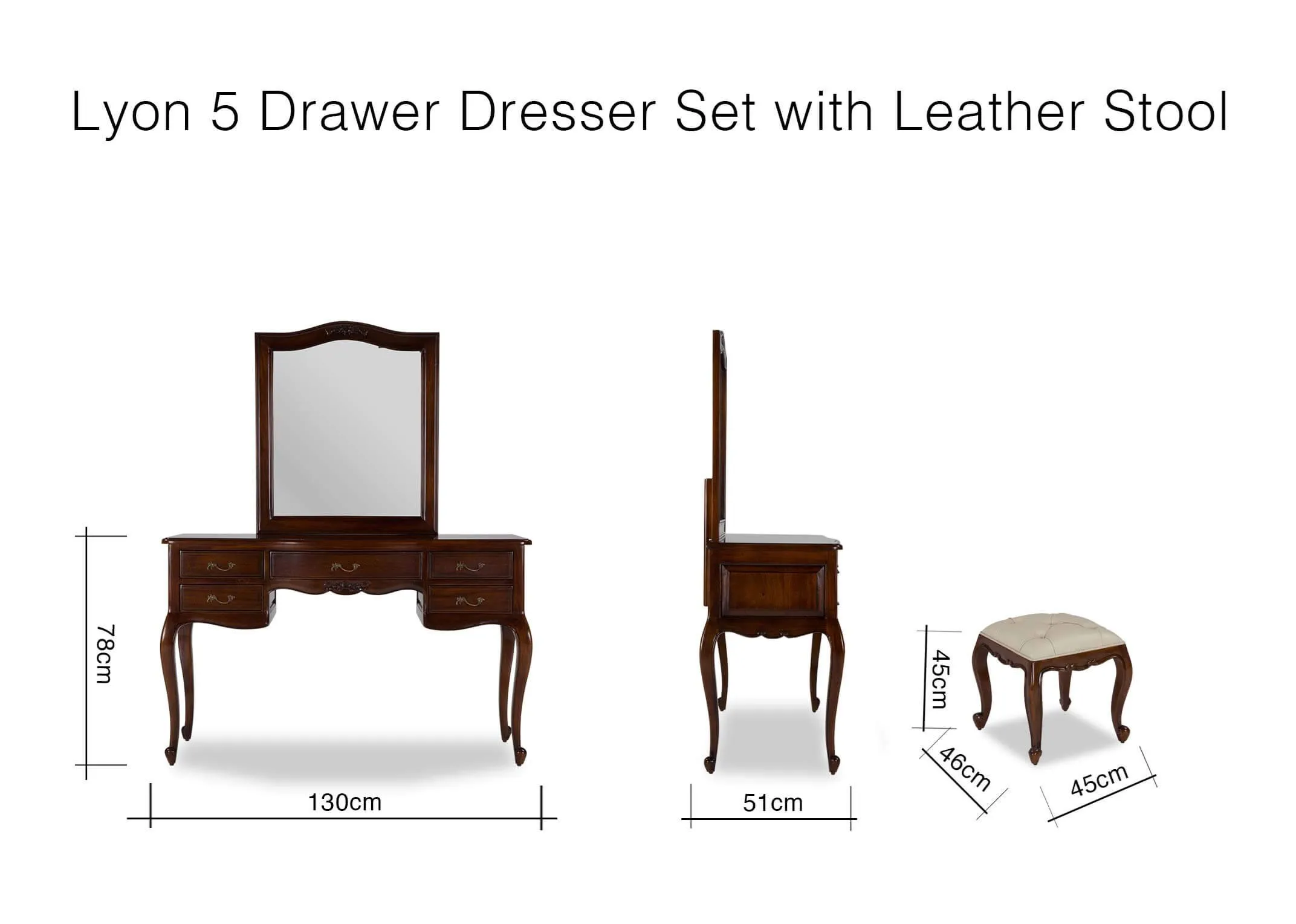 Lyon 5 drawer dresser set 78cm (Height) x 130cm (Width) x 51cm (Depth - Stool 45 cm (Height) x 45cm (Width) x 45cm (Depth)