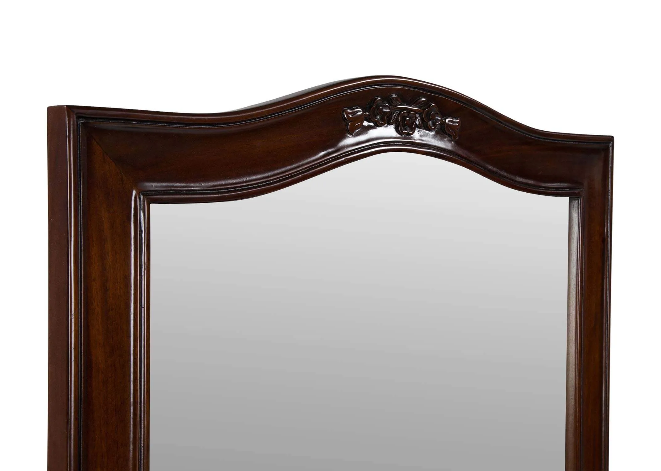 Detailed close-up view of the Lyon five drawer mahogany dresser set showing the top of the mirror