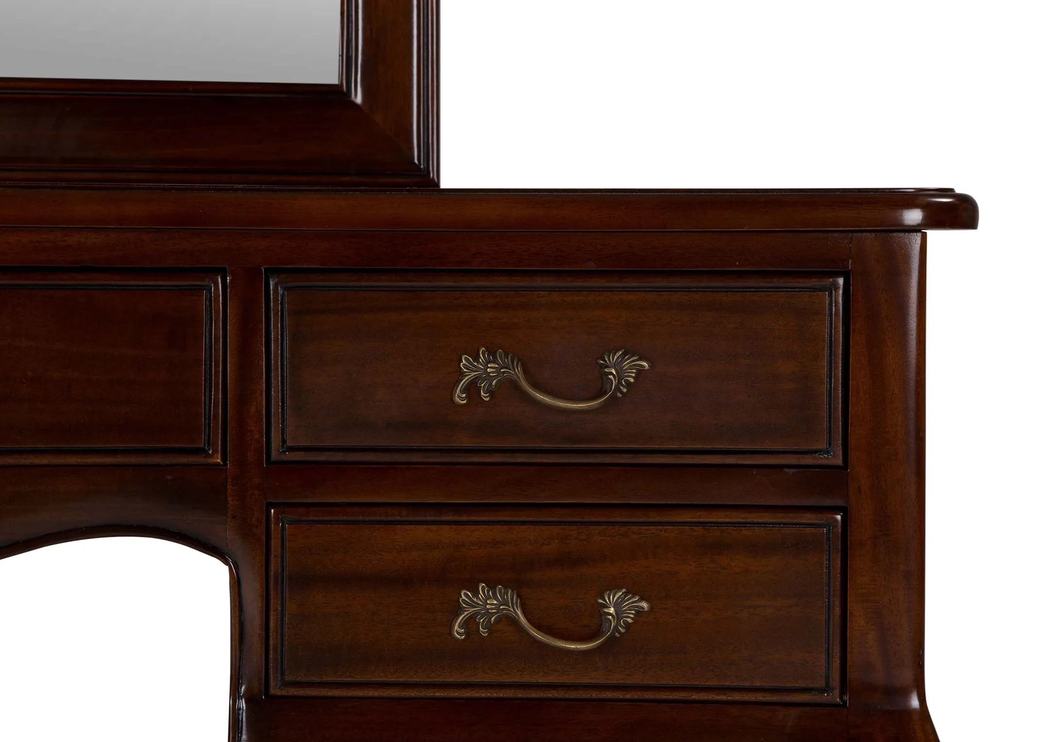 Detailed close-up view of the Lyon five drawer mahogany dresser set showing two of the drawers