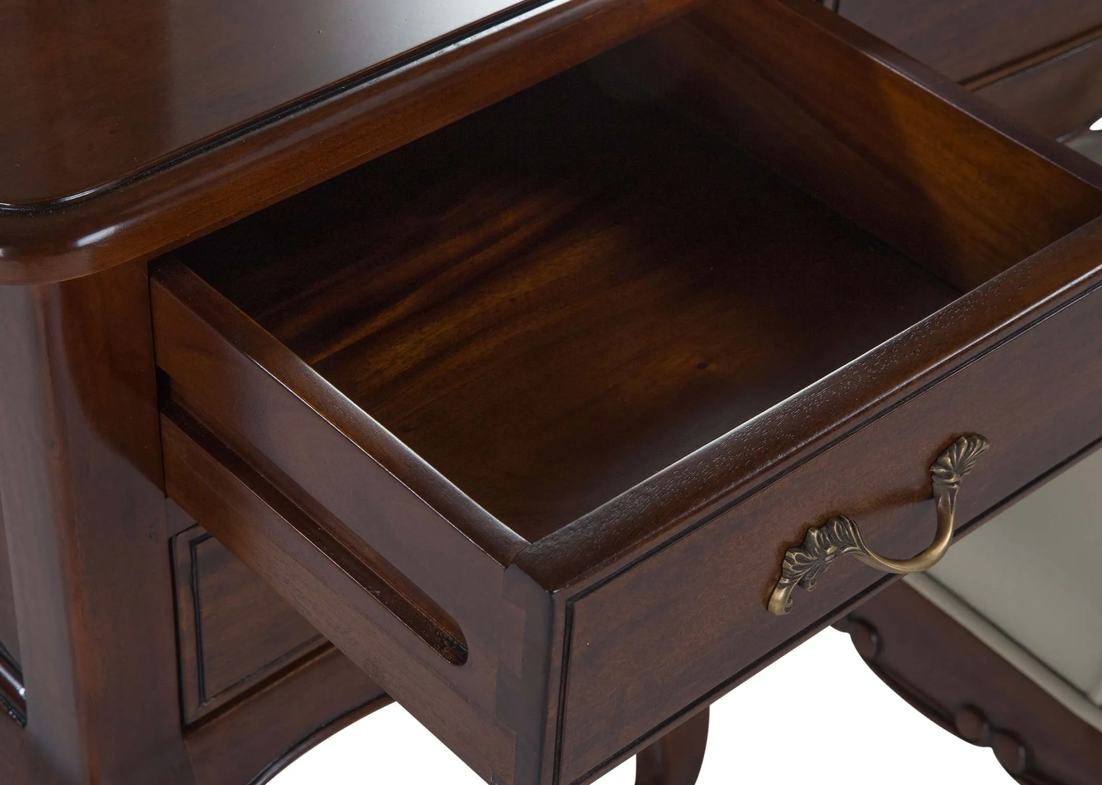 Detailed close-up view of the Lyon five drawer mahogany dresser set showing one of the drawers in an open position