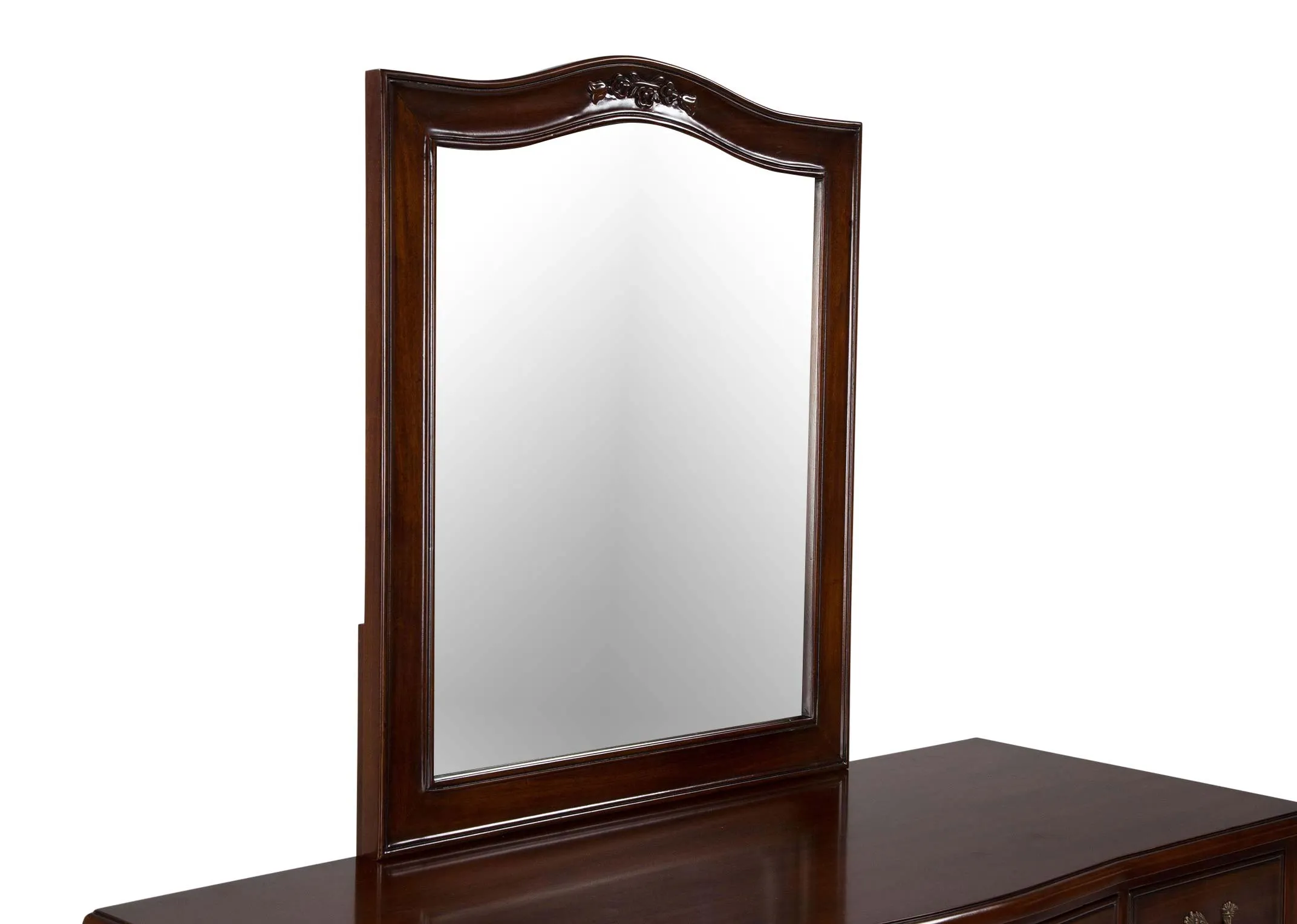 Detailed close-up view of the Lyon five drawer dresser set giving a full view of the mirror