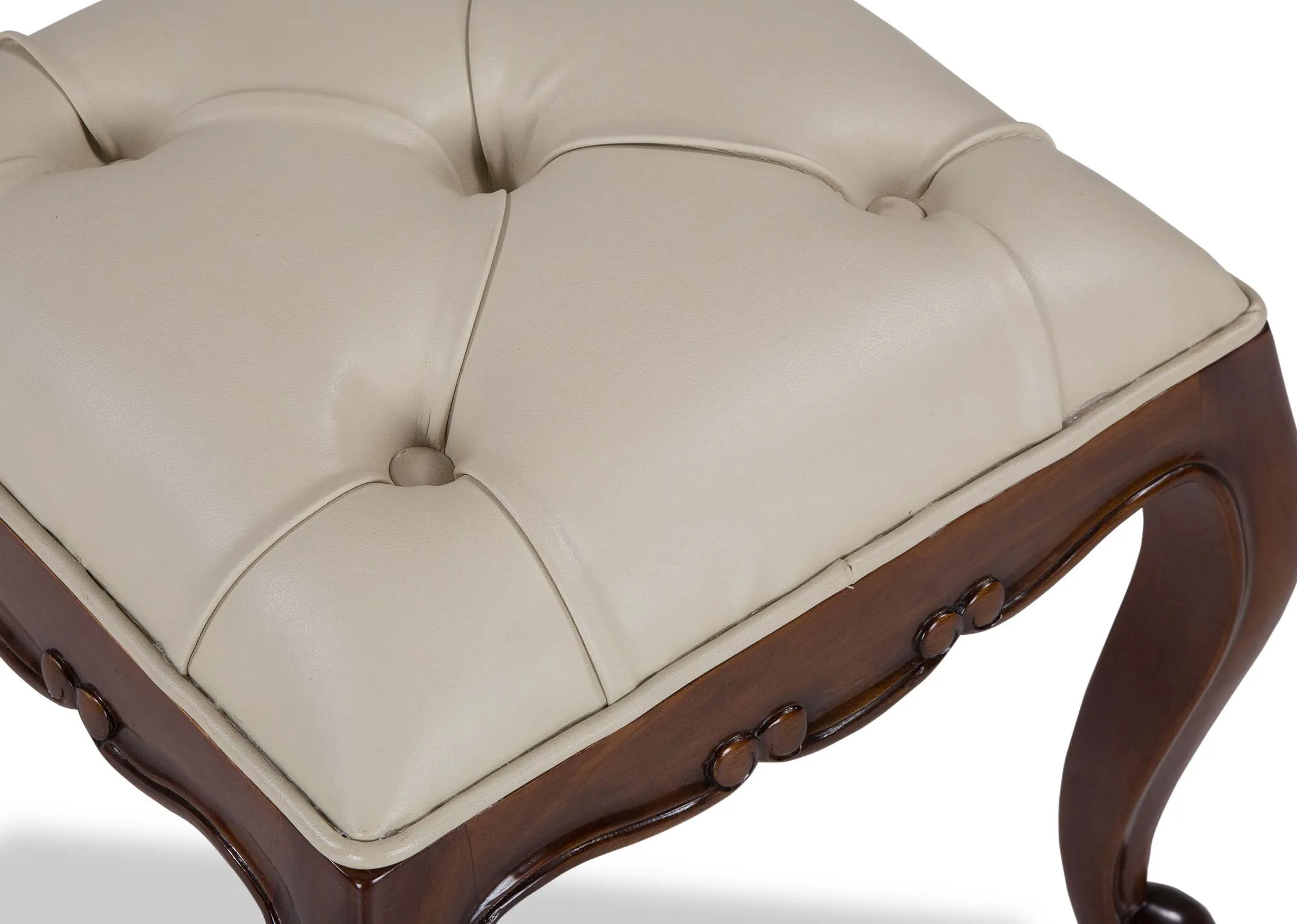 Detailed close-up view of the Lyon five drawer mahogany dresser set showing the leather top of the stool