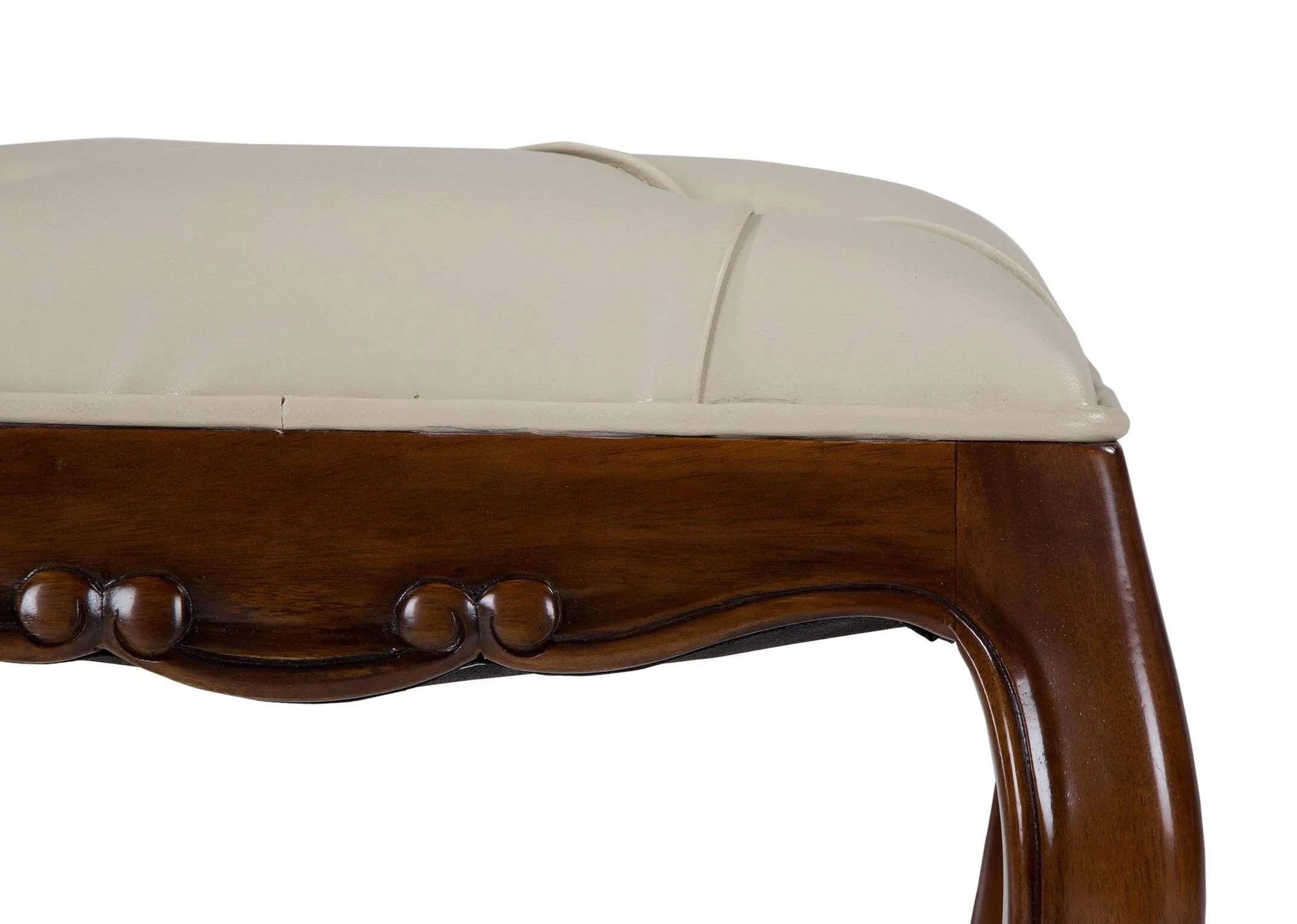 Detailed close-up view of the Lyon five drawer mahogany dresser set showing the side of the stool