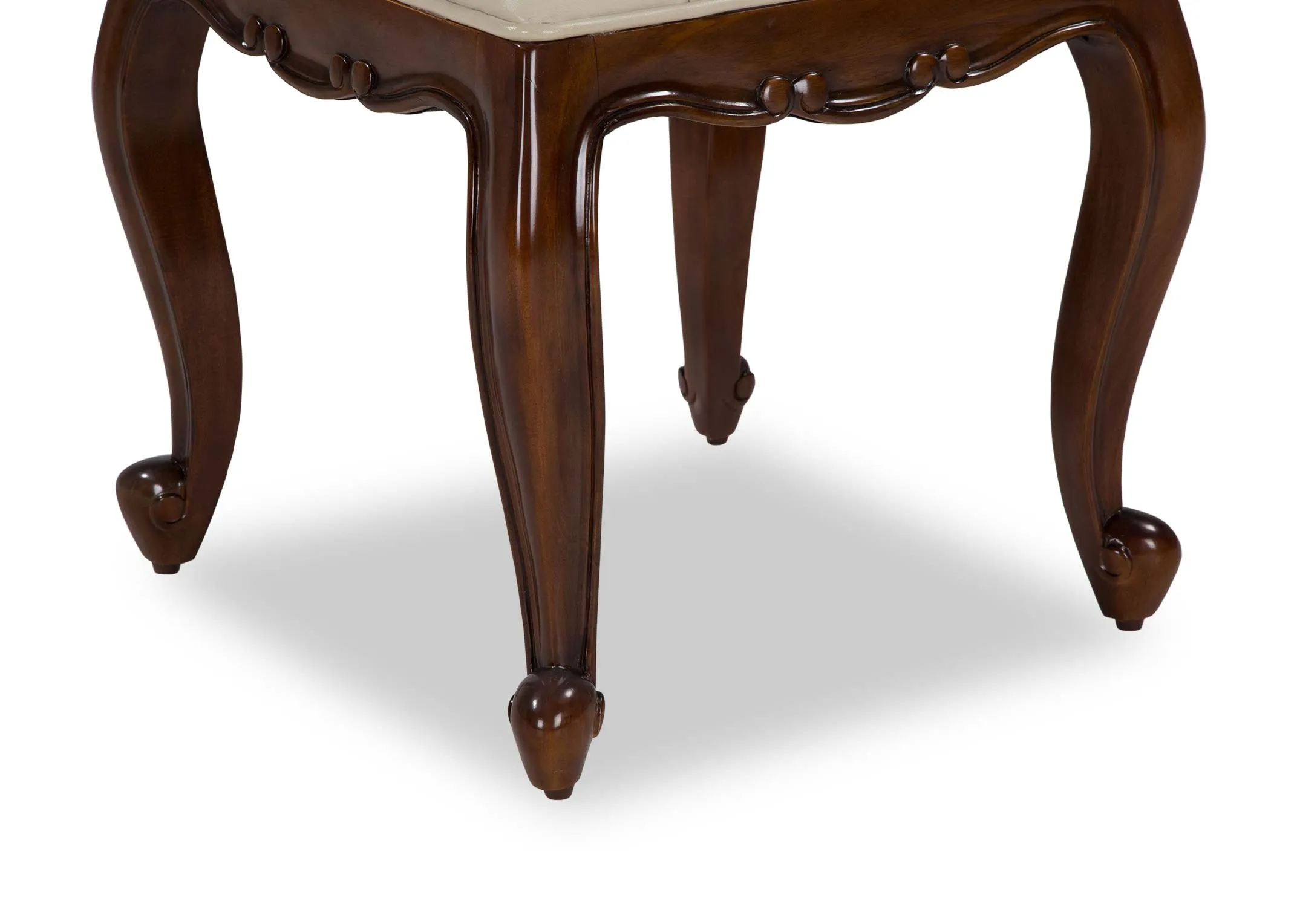 Detailed close-up view of the Lyon five drawer mahogany dresser set showing the mahogany legs