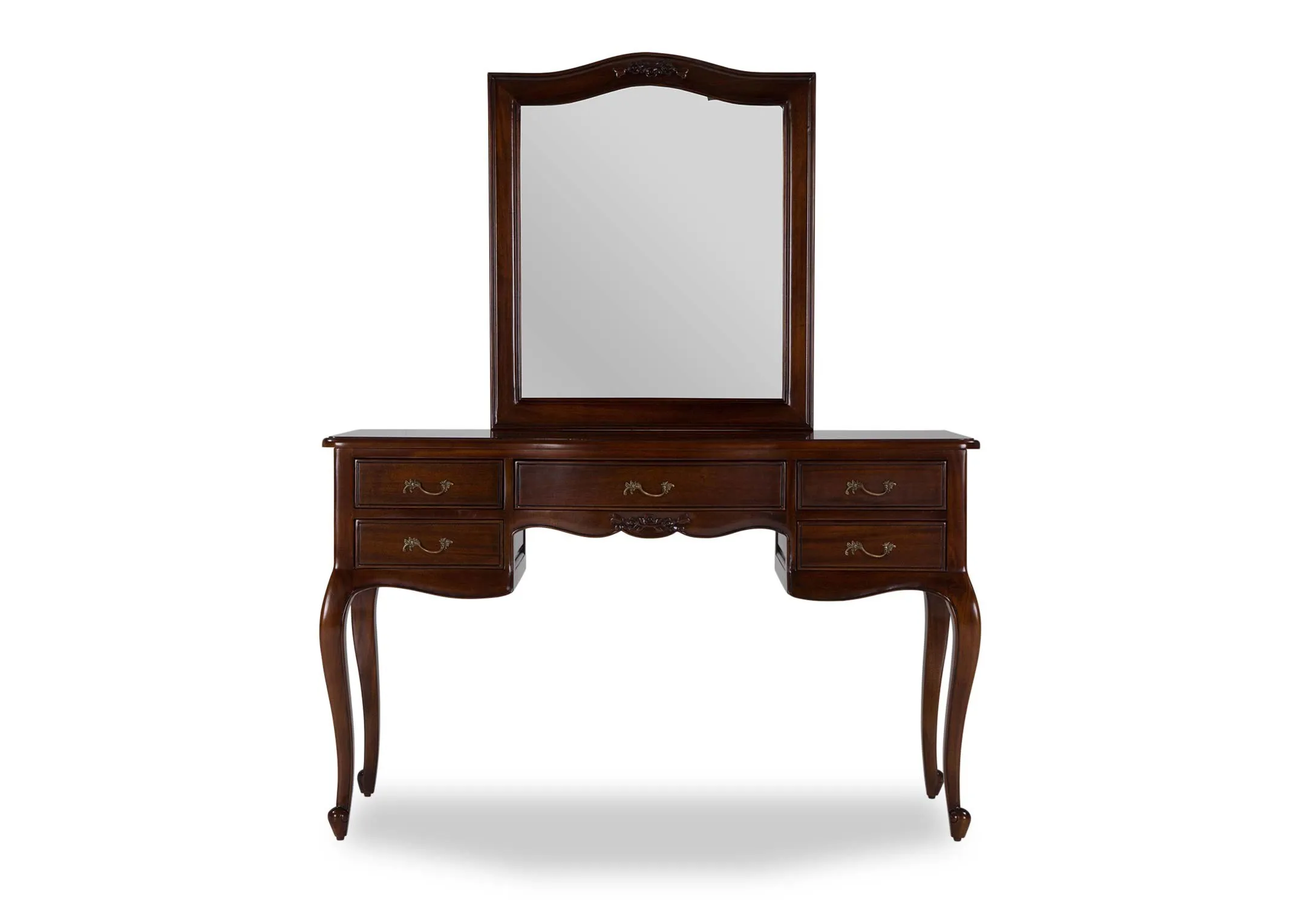 Full front view of the Lyon five drawer mahogany dresser set with a fabric stool and mahogany mirror