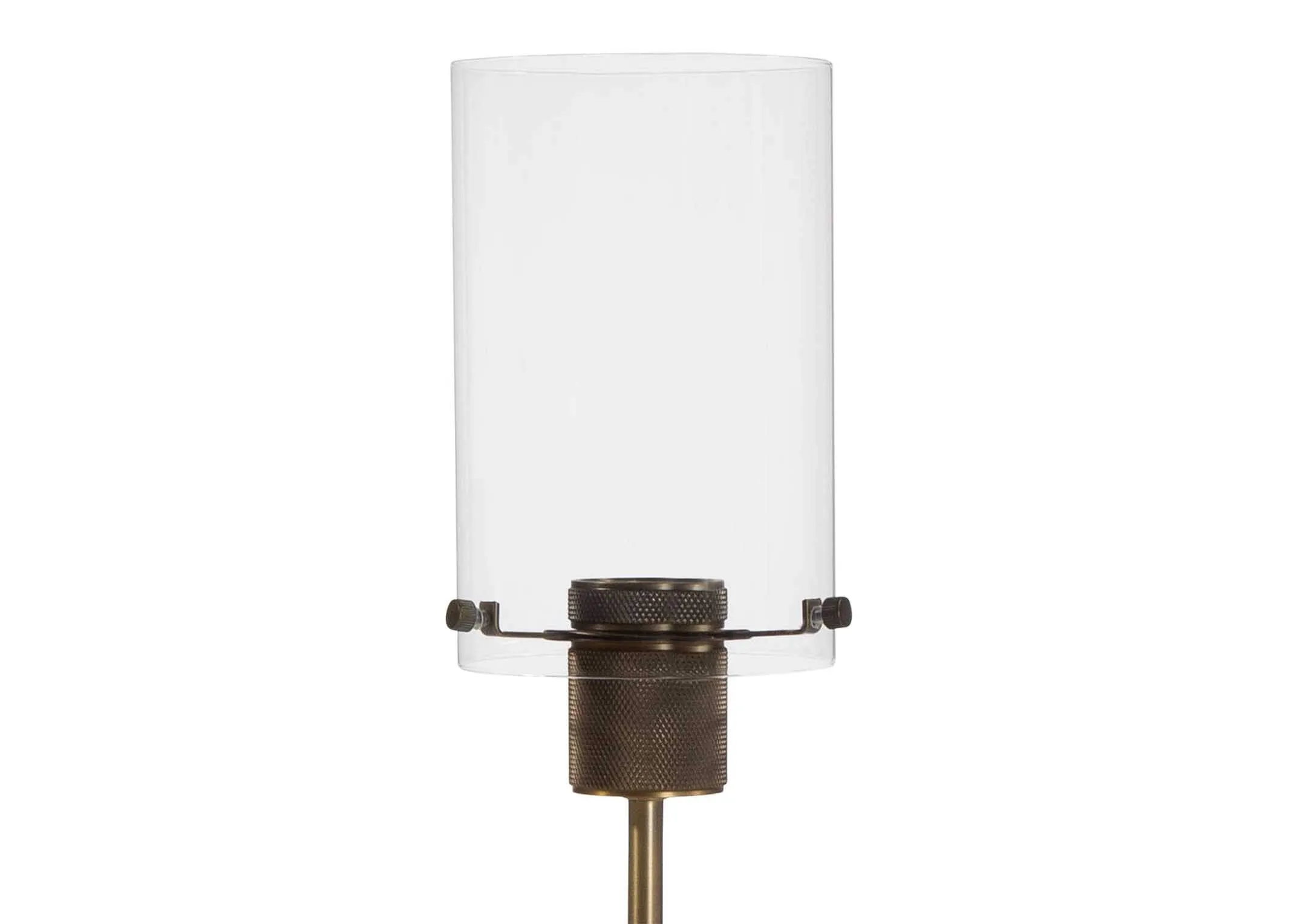 Detailed close-up view of the Karina free-standing table lamp showing the top of the brass stem and the glass lamp shade