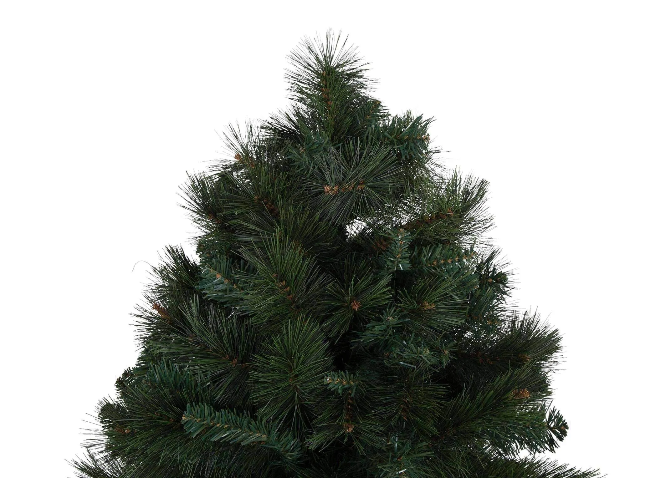 A close up of the top of the Pine Christmas Tree highlighting the green twigs on the tree.