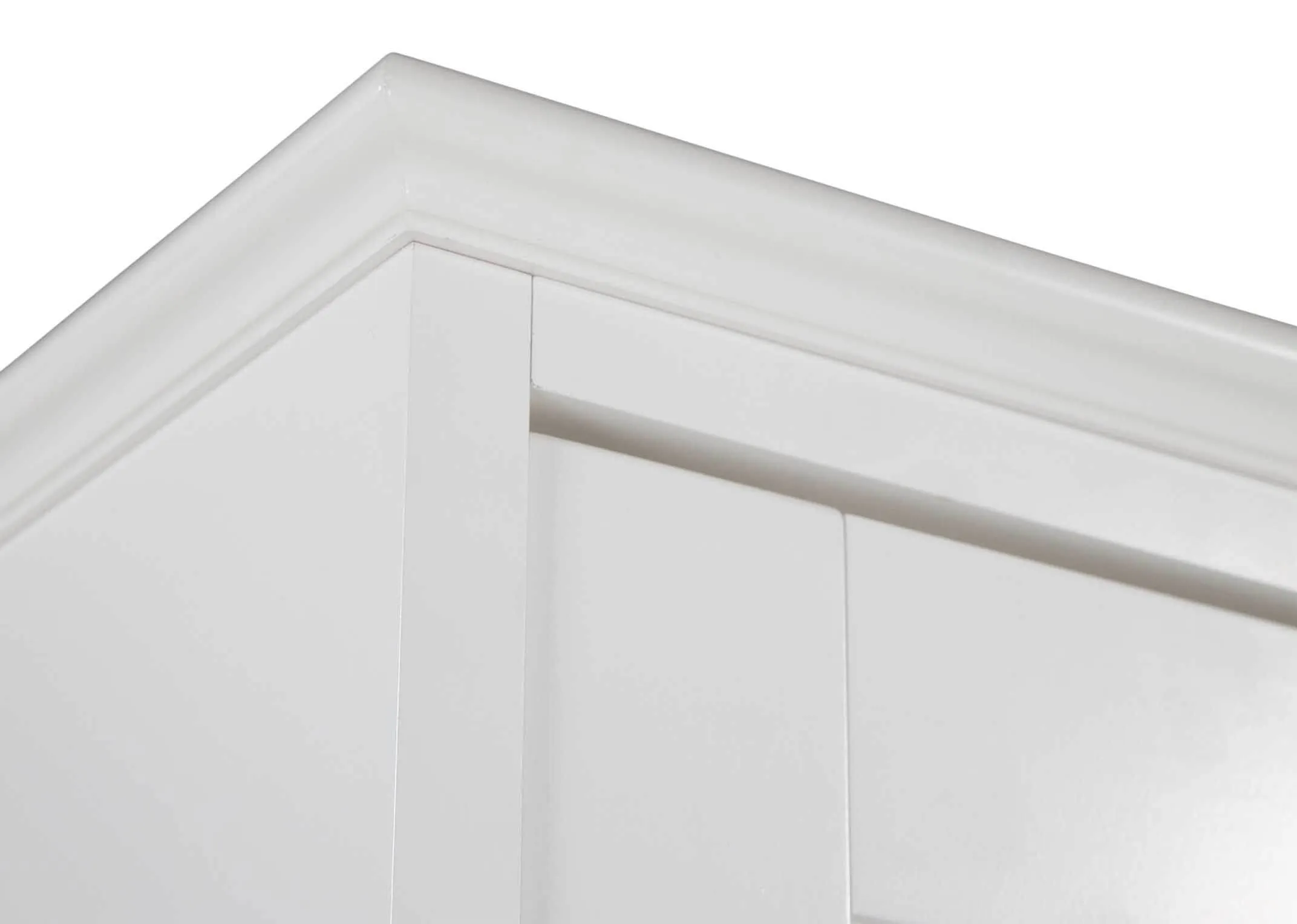 Detailed close-up view of the top corner of the Rivendale 2 door 1 drawer wardrobe made from birch and painted off-white