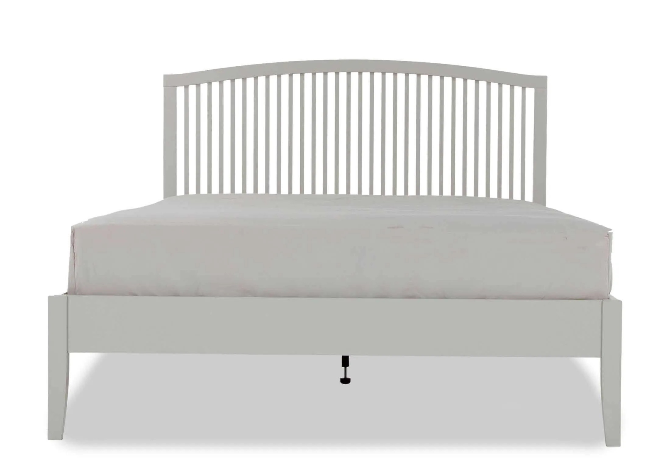 Full front view of the contemporary Rivendale double 4 ft grey bedframe showing the front 2 legs and a mattress on the top