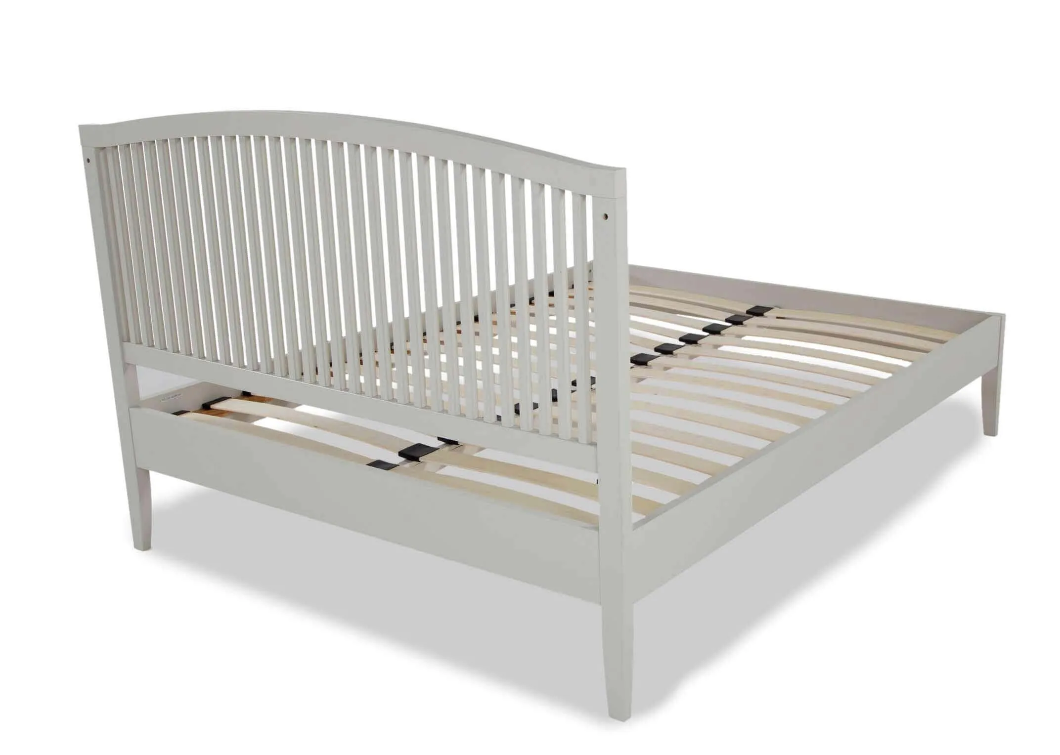 Angled shot from behind the chic Rivendale double 4 ft grey bedframe showing the vertically slatted bedframe