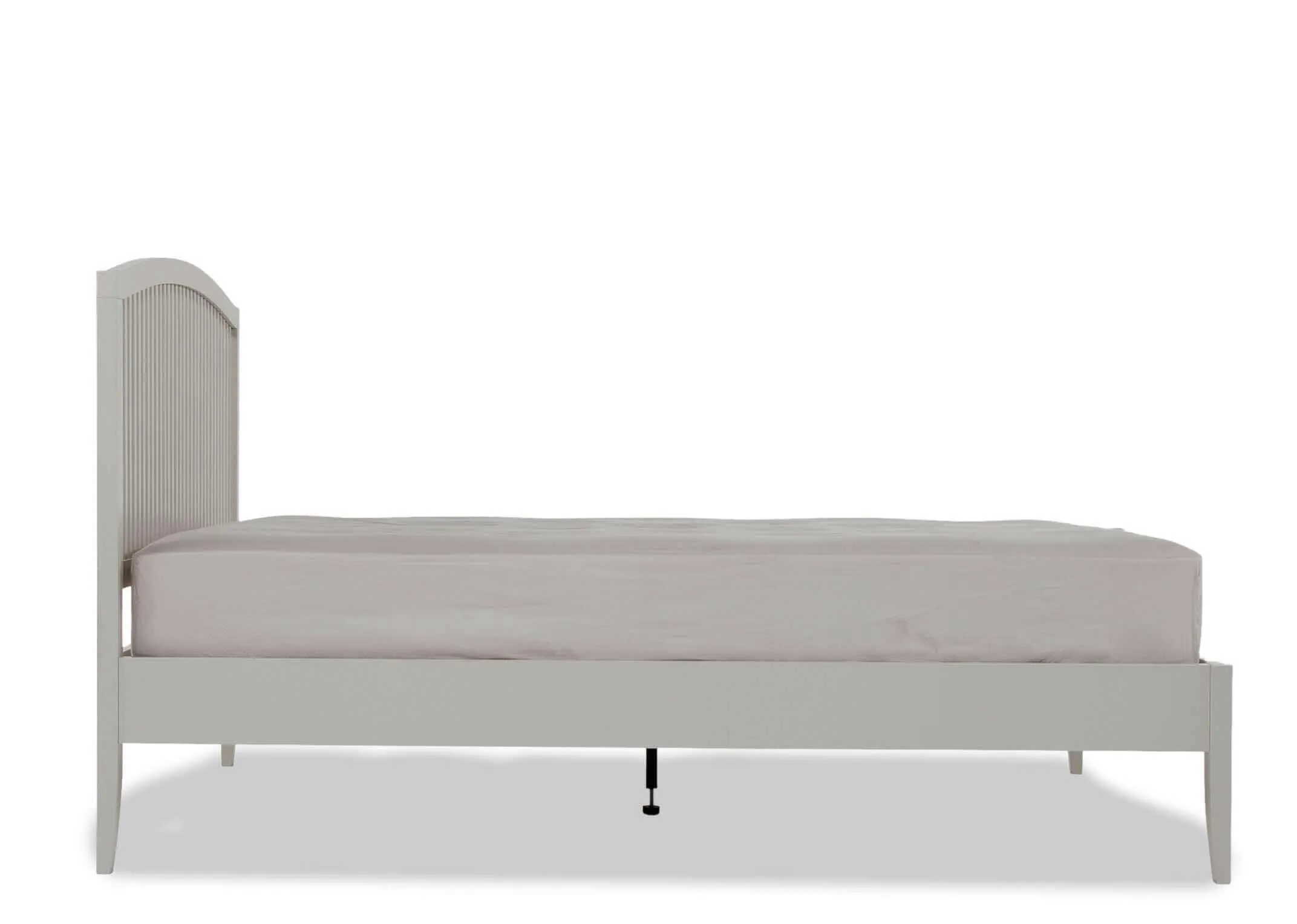 Full side view of the chic and contemporary Rivendale double 4 ft grey bedframe showing the white legs and a mattress on top