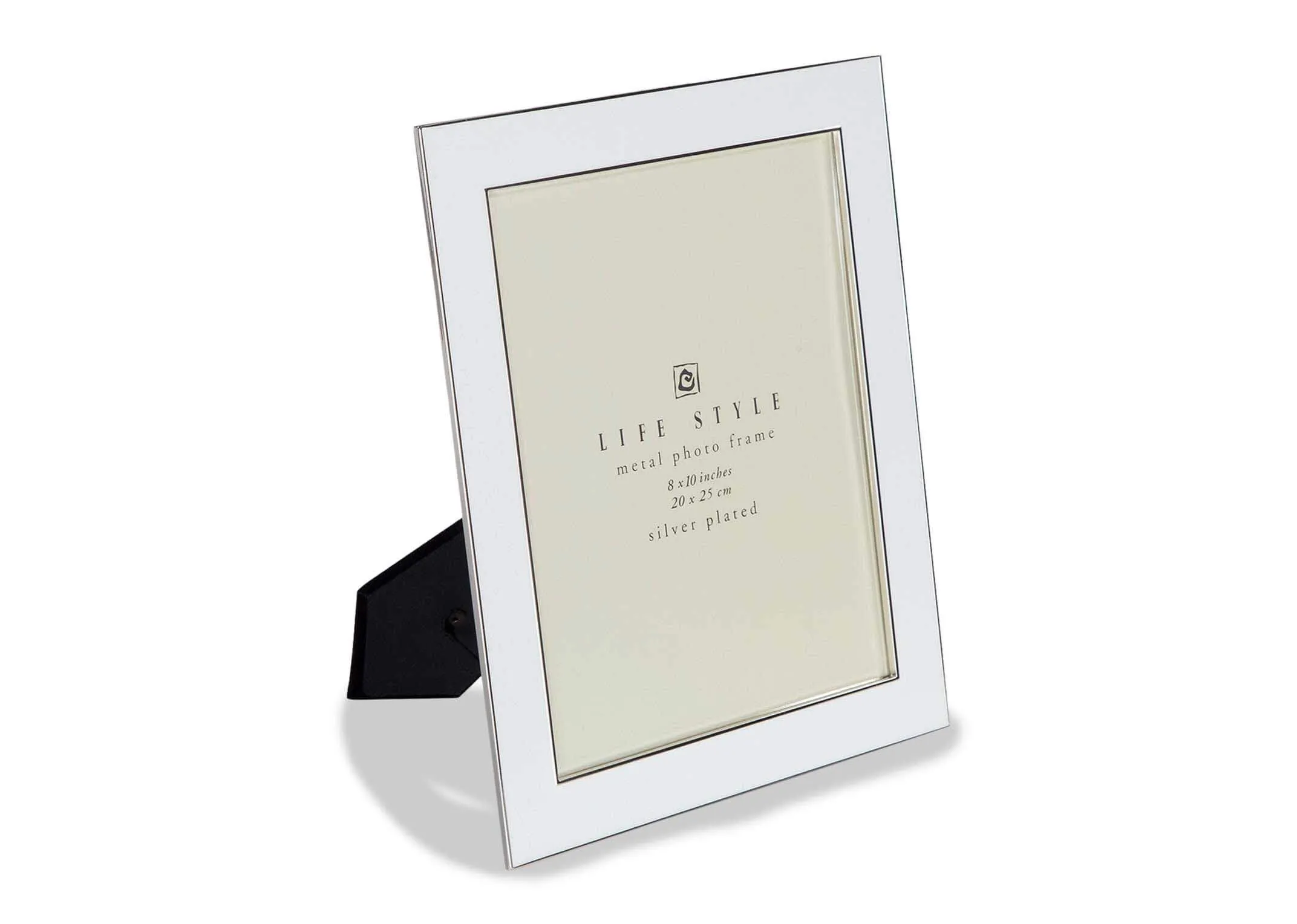 Angled shot of the Daria 8x10 inch rectangular silver plated and white mount photo frame with a black back and strut