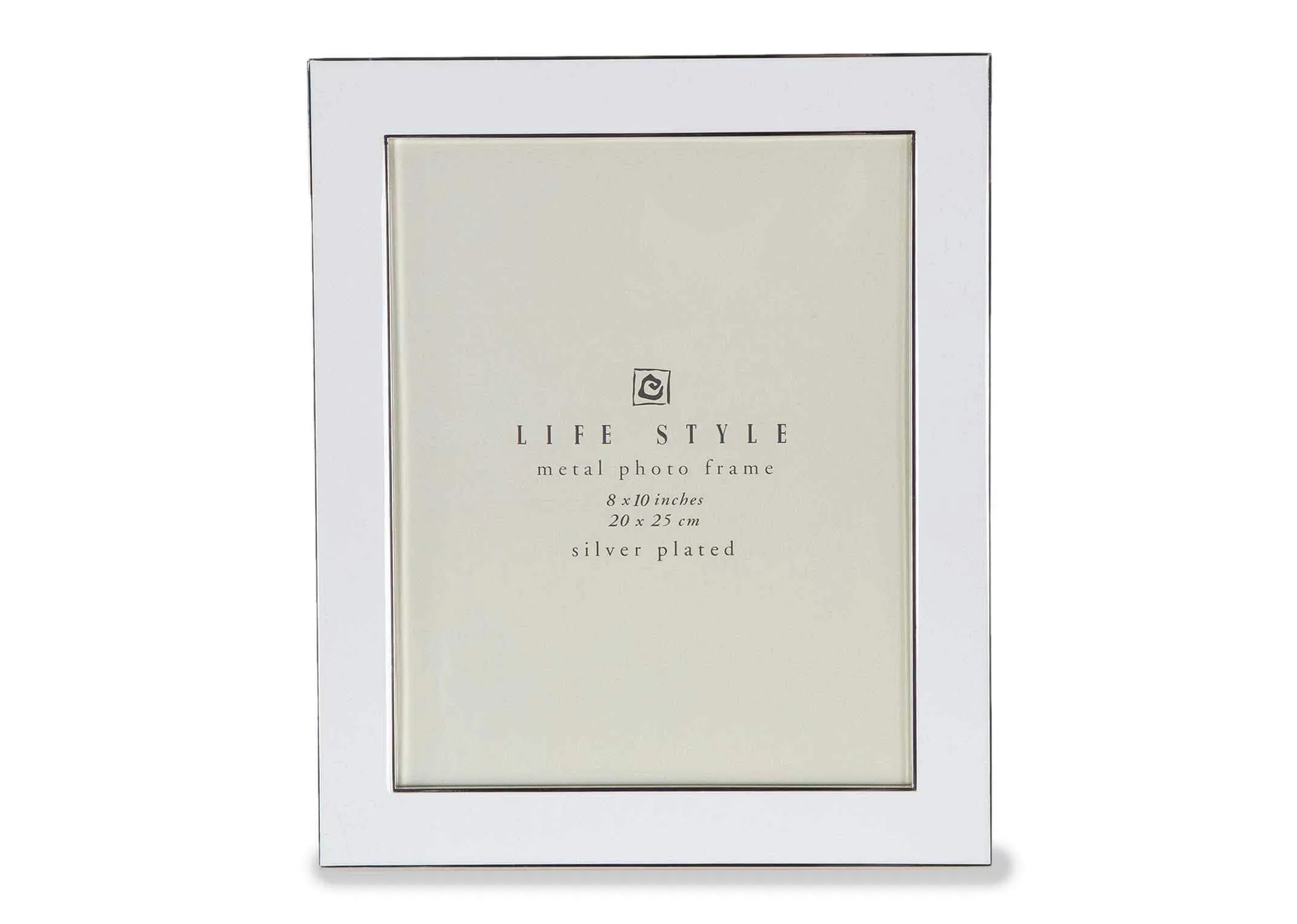 Full front view of the stylish and contemporary 8x10 inch rectangular silver plated and white mount photo frame