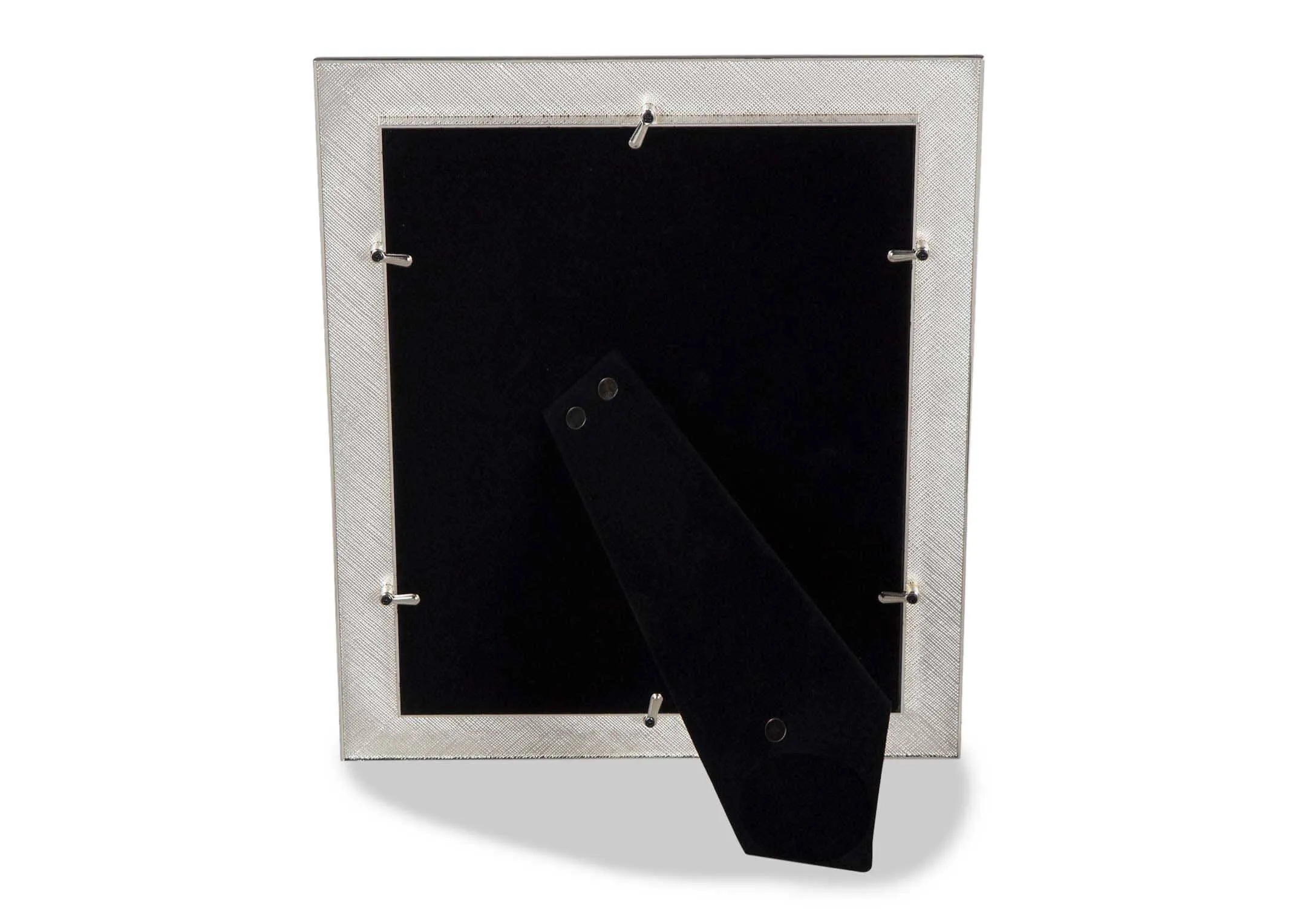 Full back view of the 8x10 inch rectangular silver plated and white mount photo frame showing the soft black backing