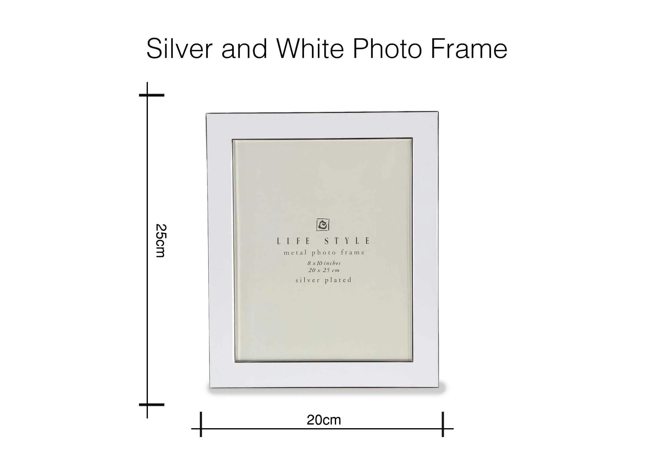 Dimensional view of 8x10 inch silver plate white photo frame with 25 cm (height) x 20 cm (width).
