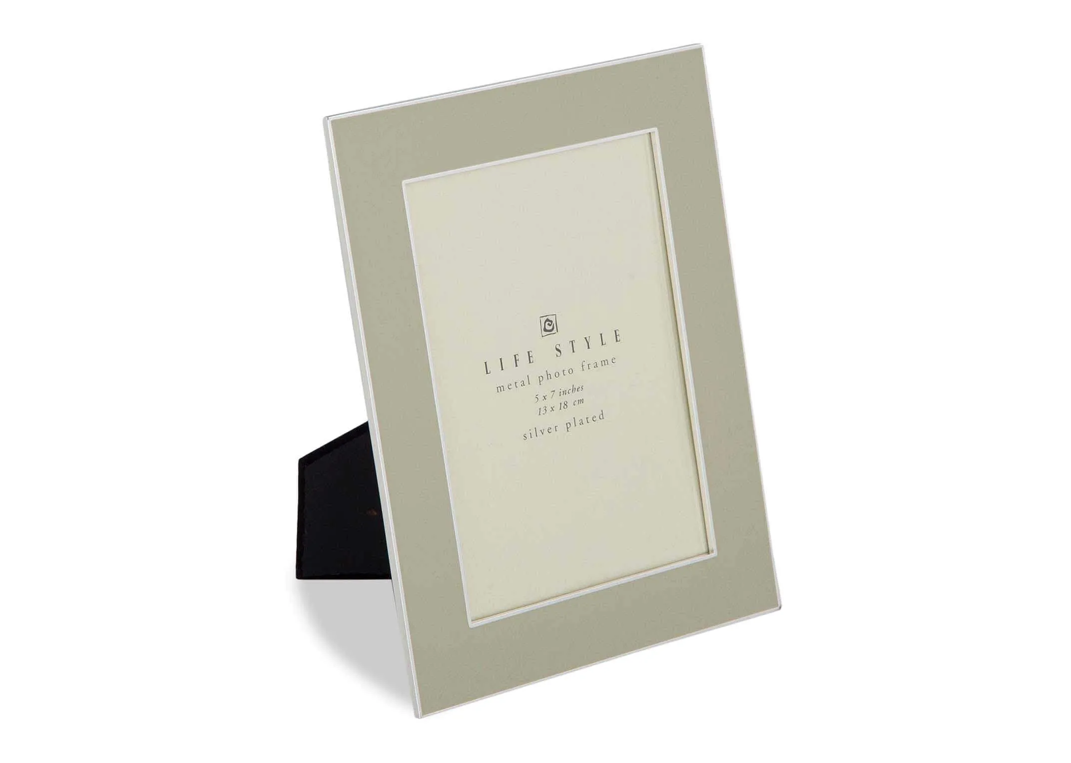 Angled shot of the Freya 5x7 inch silver and beige photo frame with a silver plated metal border and a black back