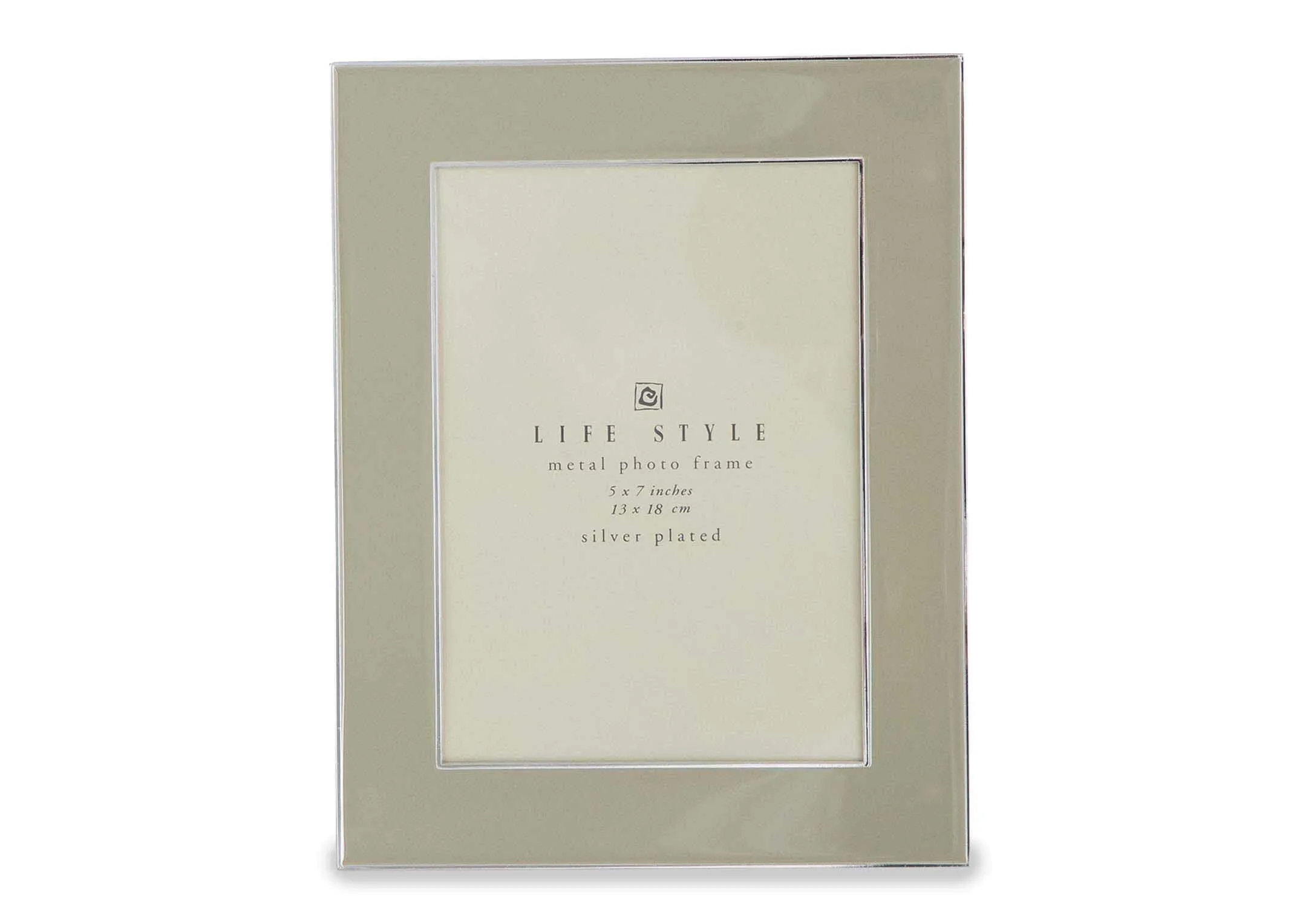 Full front view of the medium Freya 5x7 inch rectangular silver and beige photo frame with a silver plated metal border