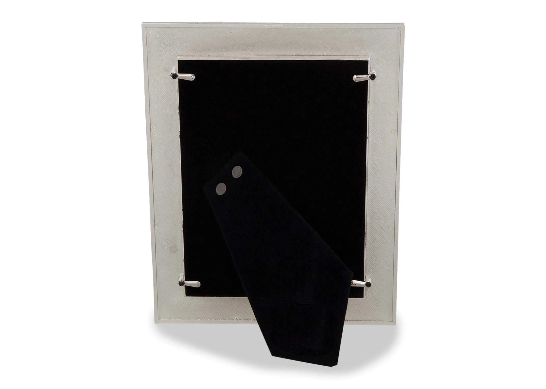 Back view of the Freya rectangular 5x7 inch silver and beige photo frame showing the black velour style back and strut