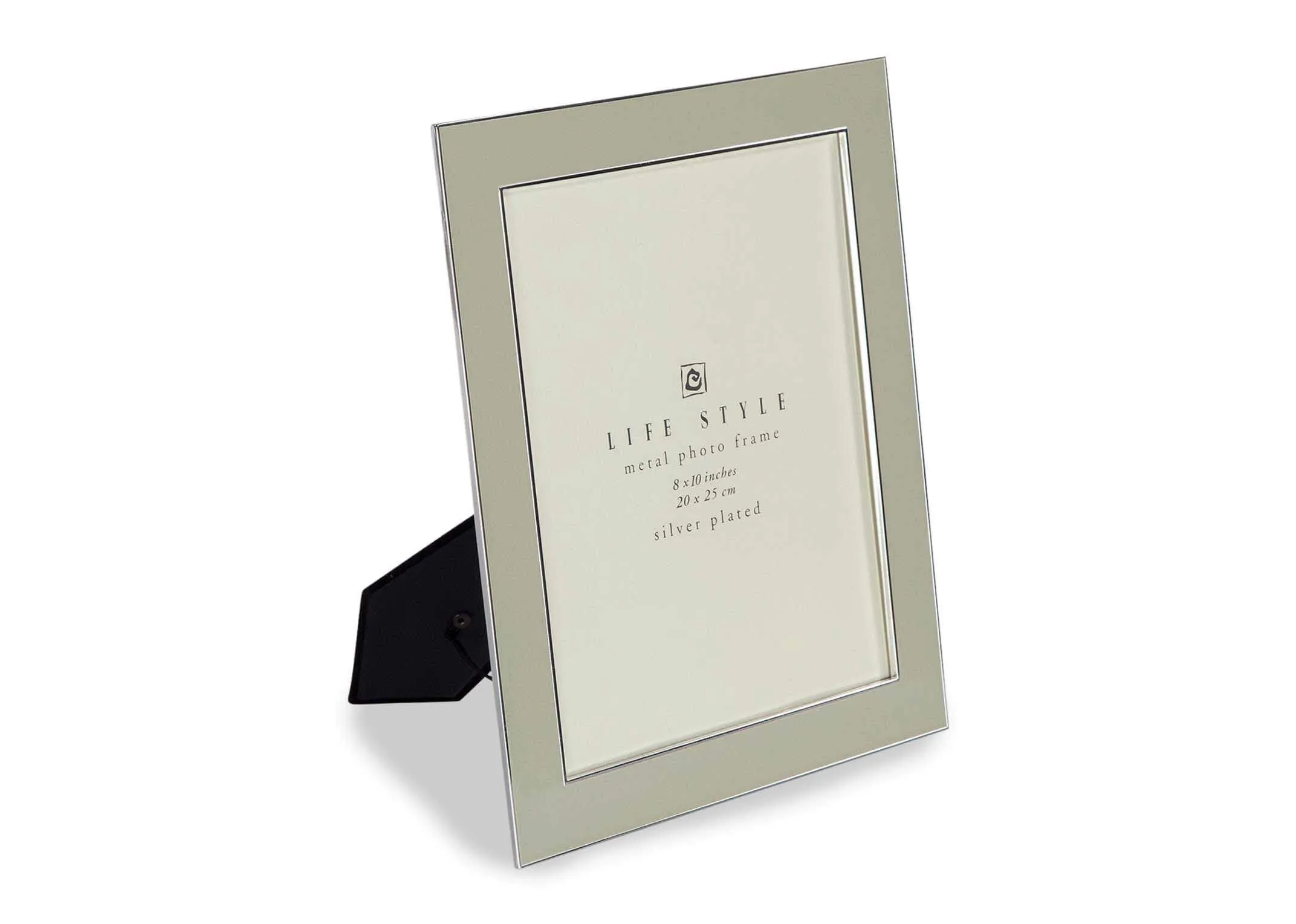 Angled shot of the Freya 8x10 inch silver and beige photo frame with a silver plated metal border and a black back
