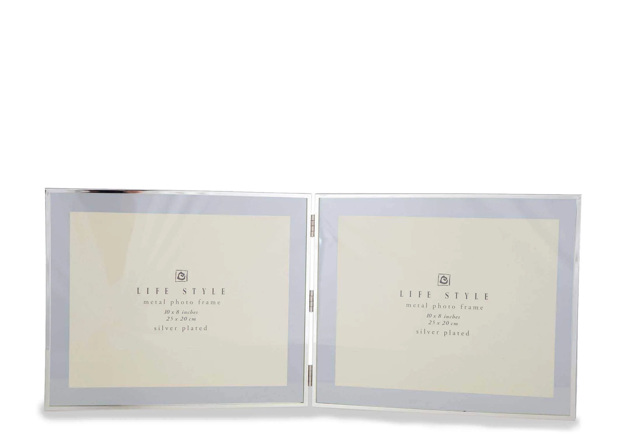 Front view of the Karis 8x10 inch silver plated double photo frame showing both frames with a metallic blue mount