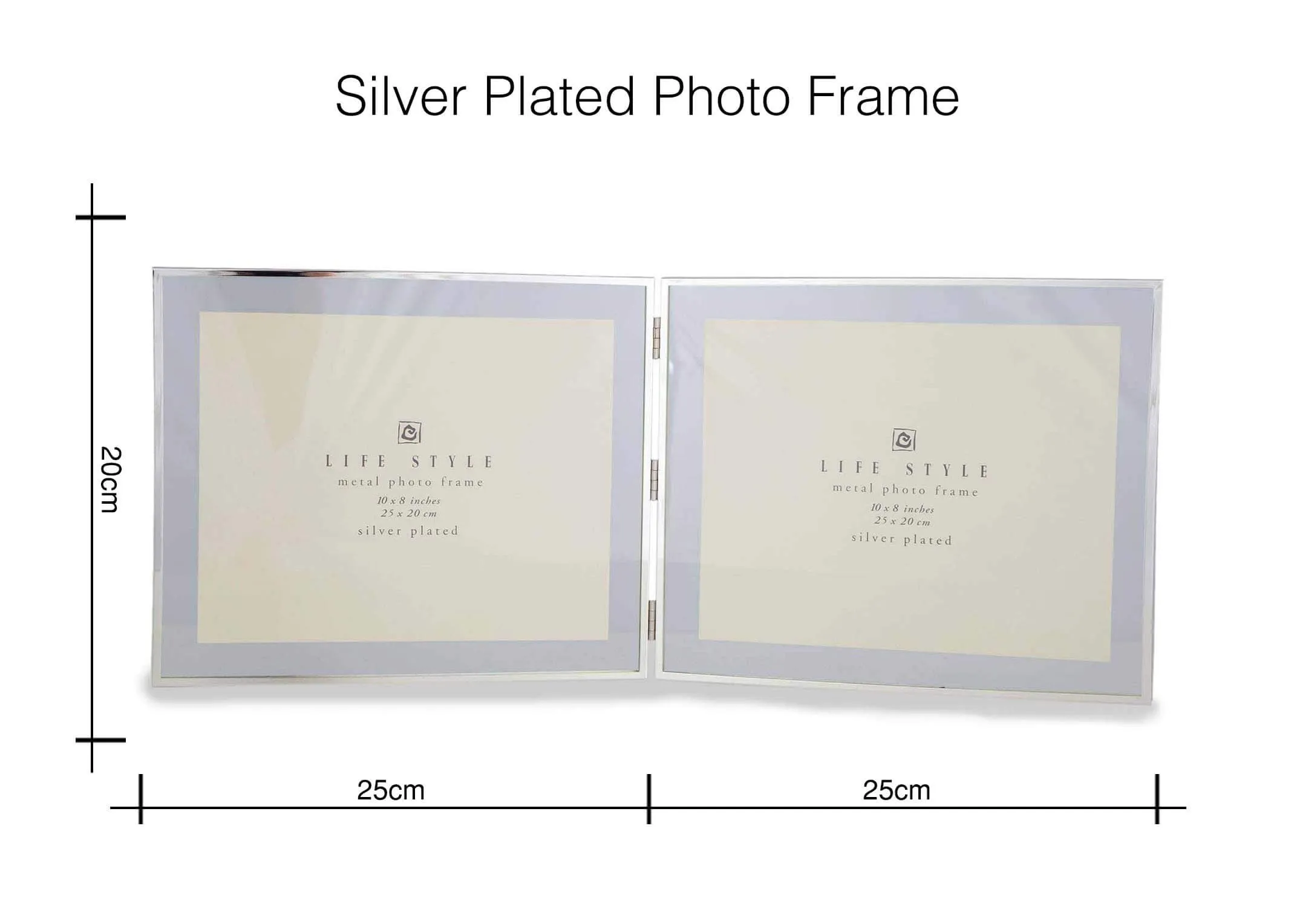 Dimensional shot of 5x7 inch double silver plated photo frame with 20 cm (height) x 50 cm (width).