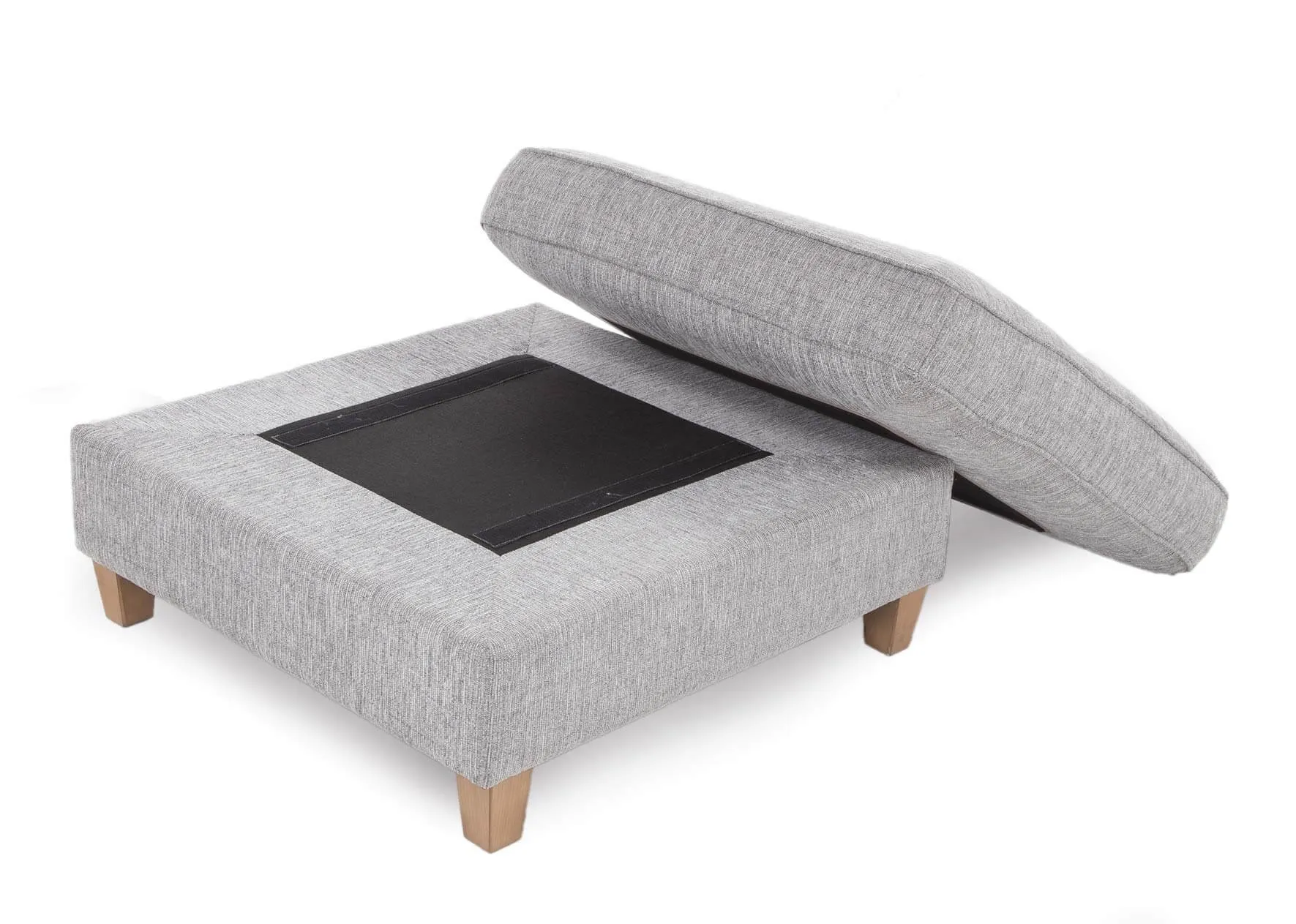 Aria Grey Fabric Chaise Footstool opened to show hidden storage facility