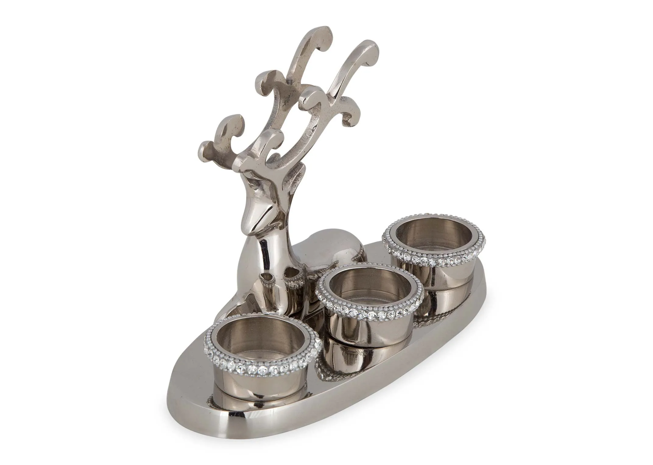 An image looking down from left to right along the sitting reindeer rhinestone 3 t-light candle holder.