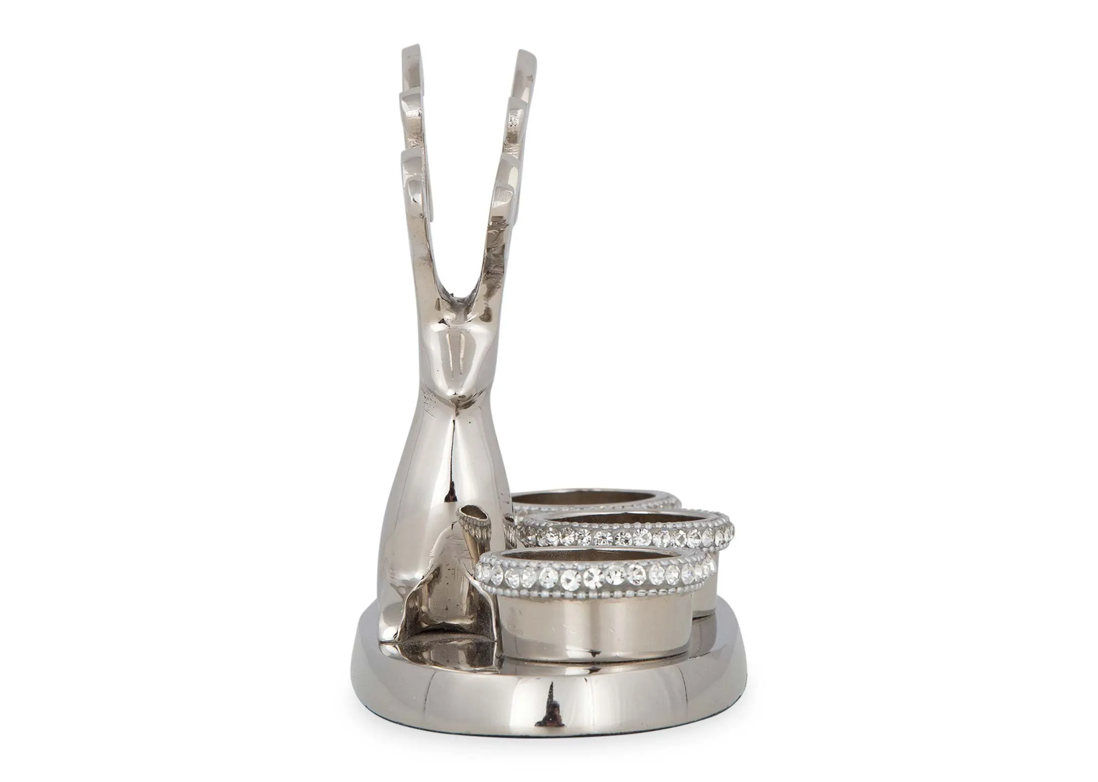 A side view of the sitting reindeer rhinestone 3 t-light candle holder.
